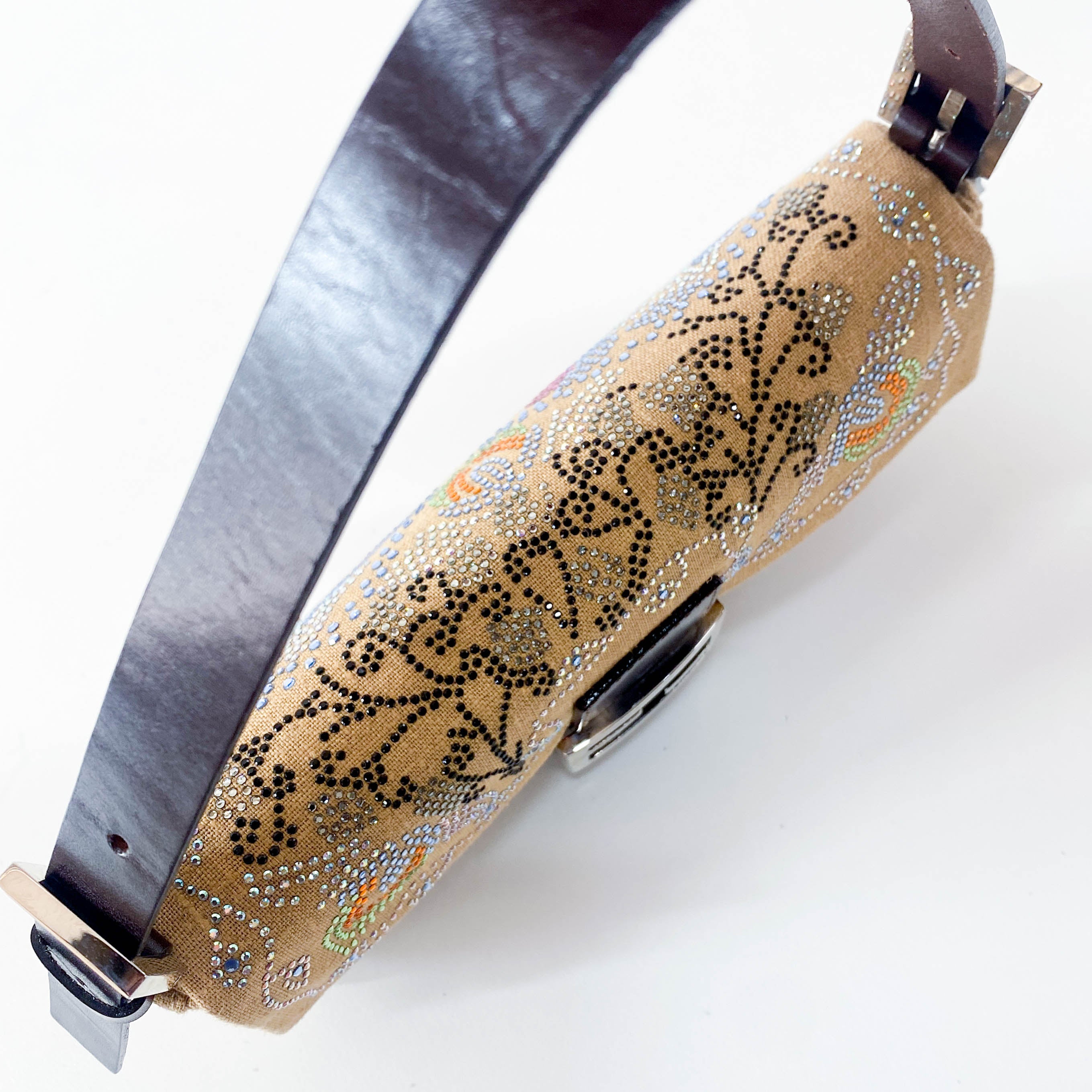 Multicolor Rhinestones in Beige Canvas Baguette Bag