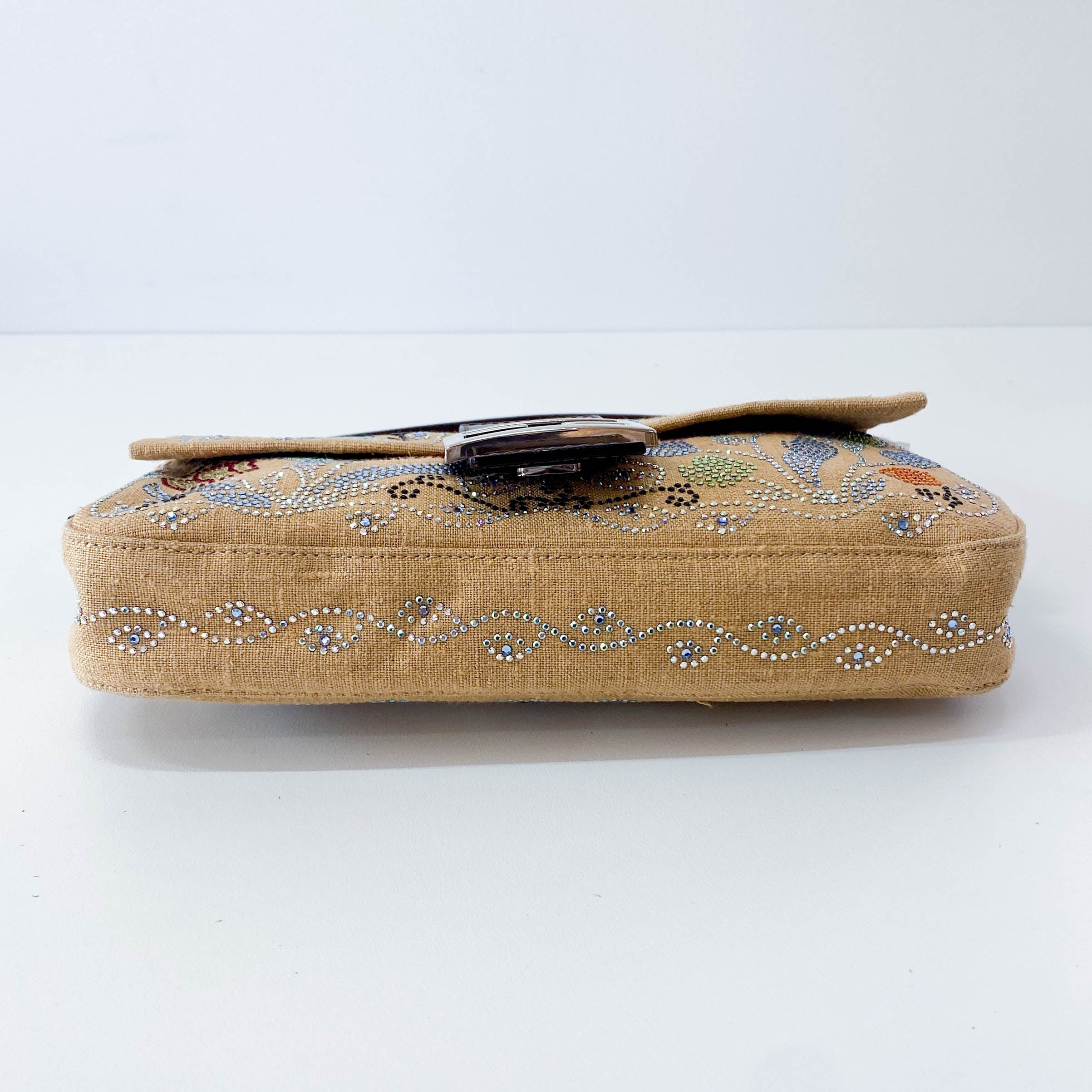 Multicolor Rhinestones in Beige Canvas Baguette Bag