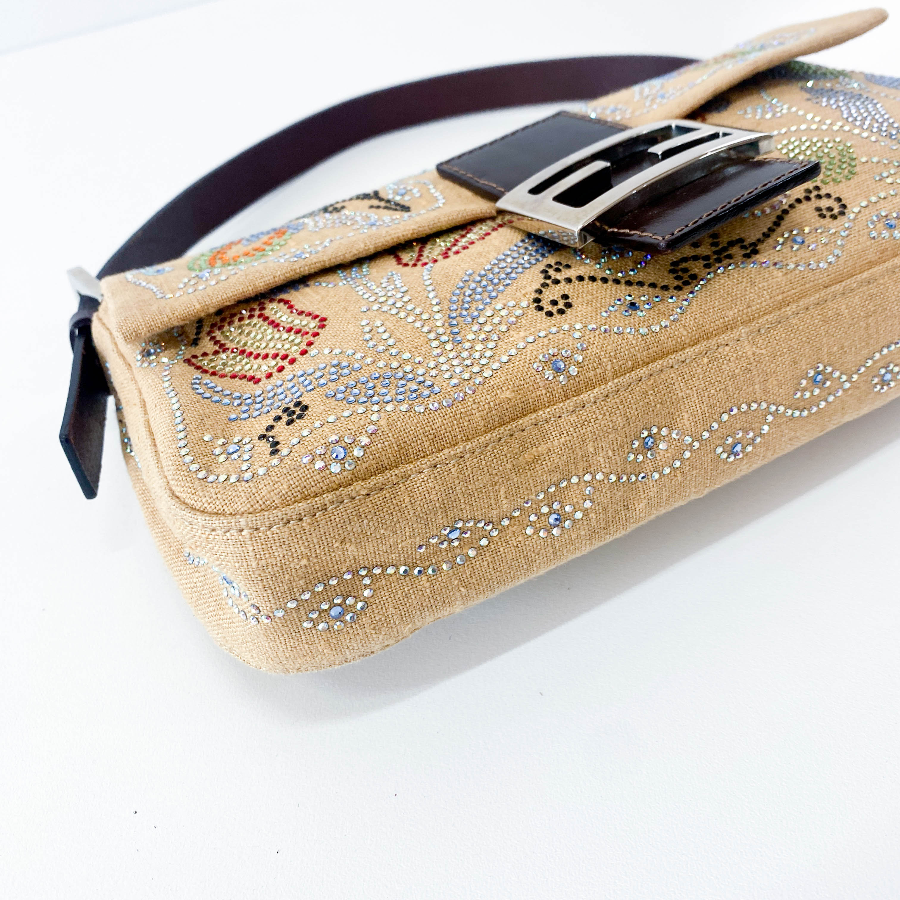 Multicolor Rhinestones in Beige Canvas Baguette Bag