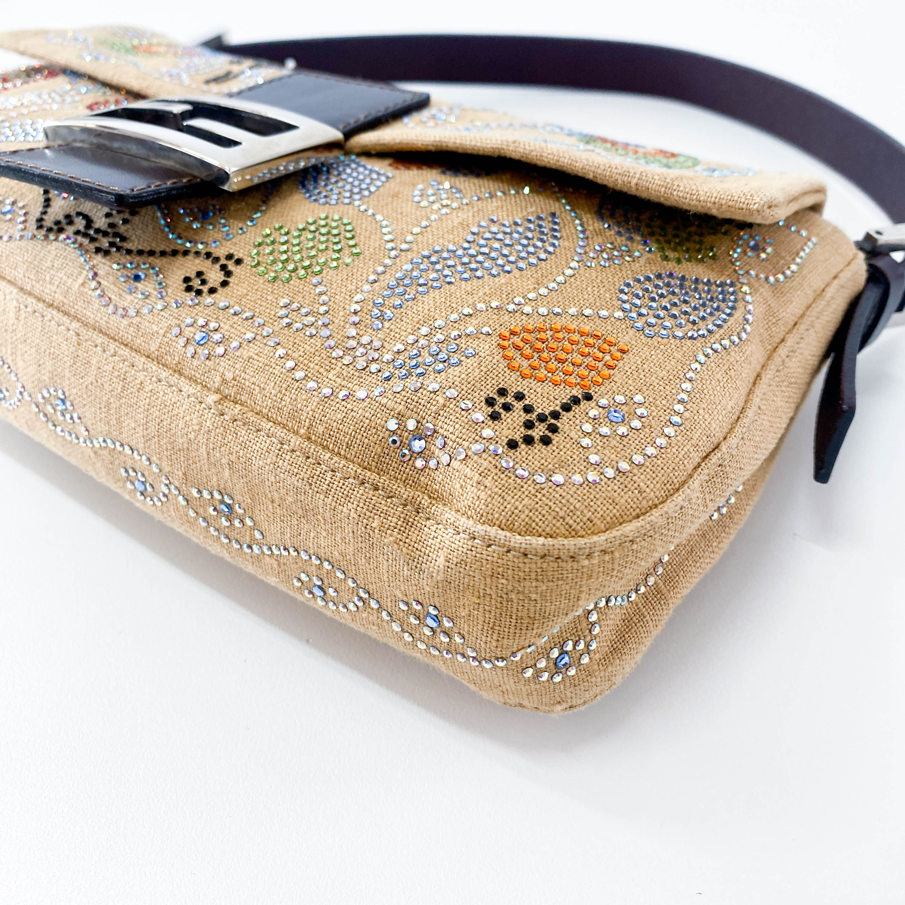 Multicolor Rhinestones in Beige Canvas Baguette Bag