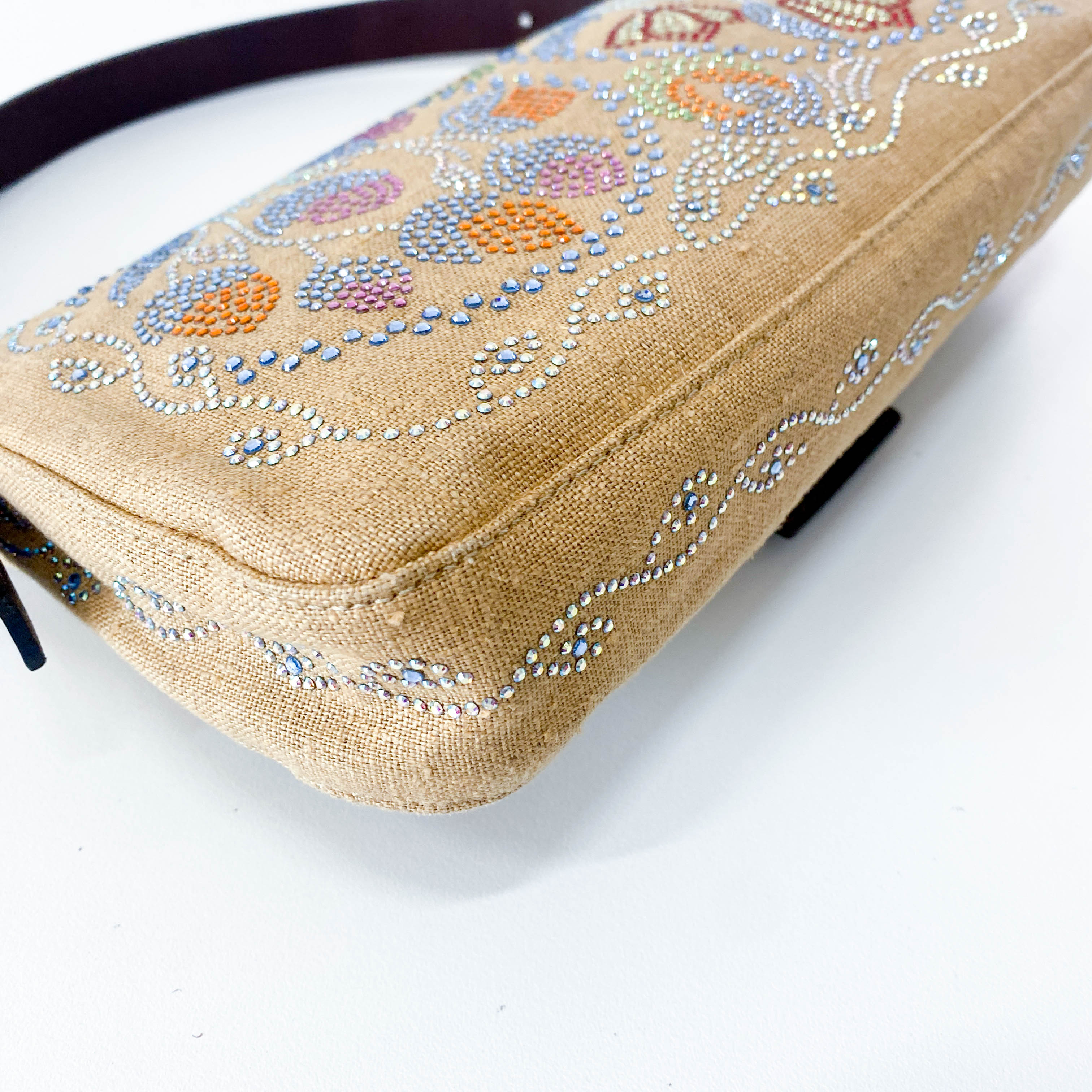 Multicolor Rhinestones in Beige Canvas Baguette Bag