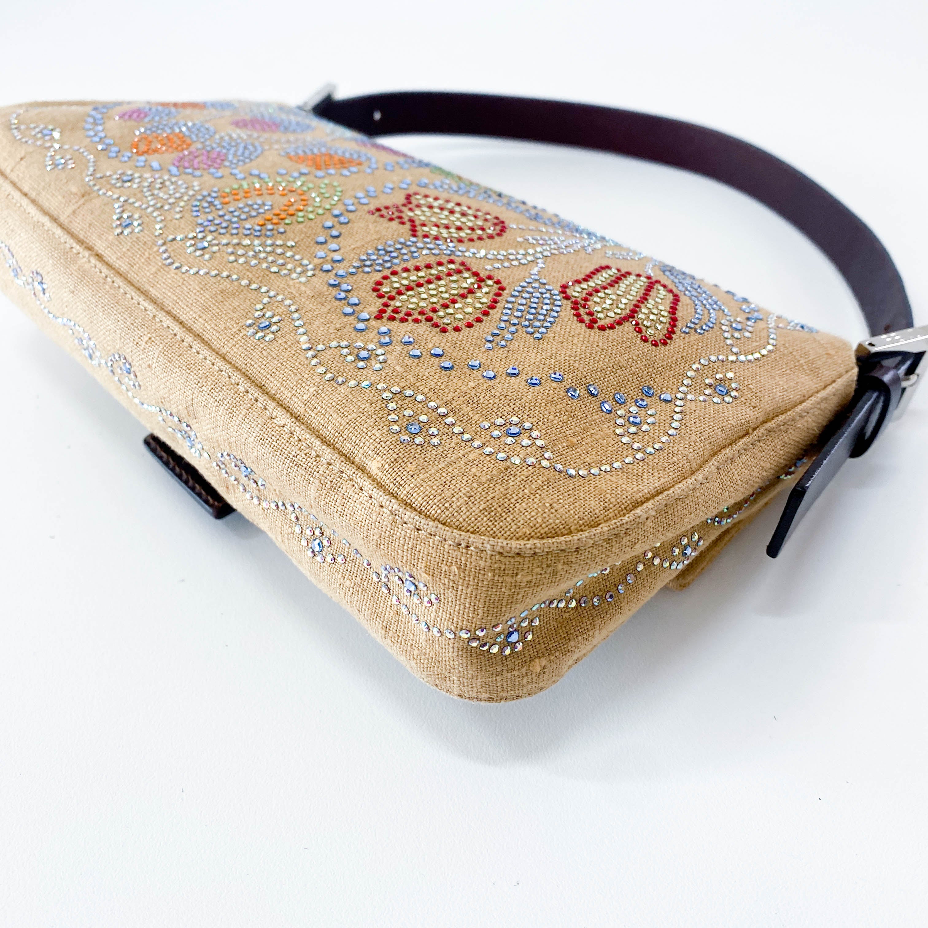 Multicolor Rhinestones in Beige Canvas Baguette Bag