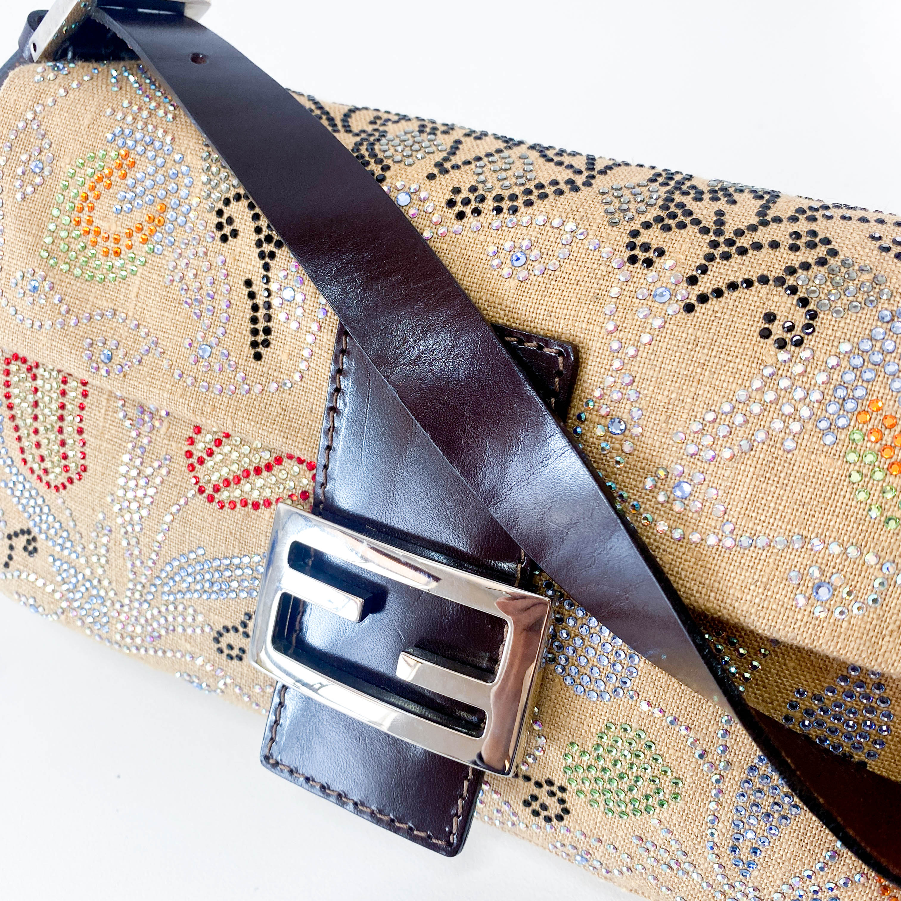 Multicolor Rhinestones in Beige Canvas Baguette Bag