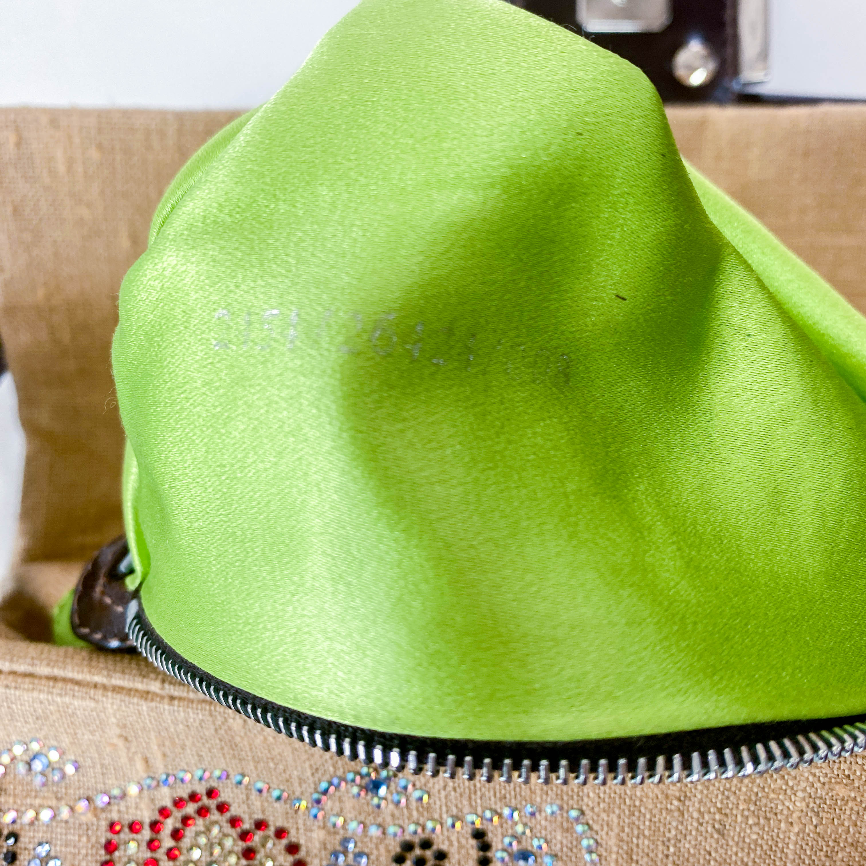 Multicolor Rhinestones in Beige Canvas Baguette Bag