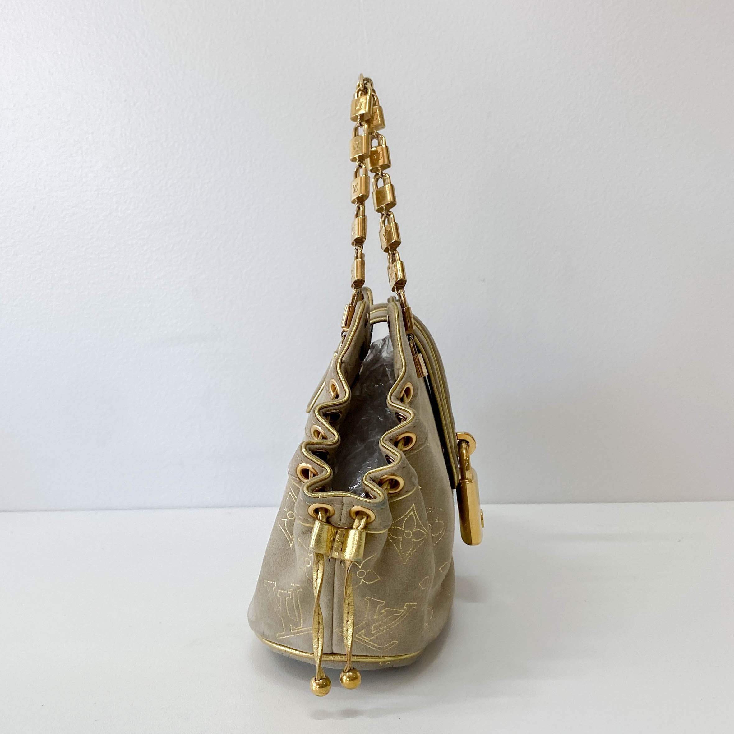 Extraordinaire Neutral Monogram Suede Handbag