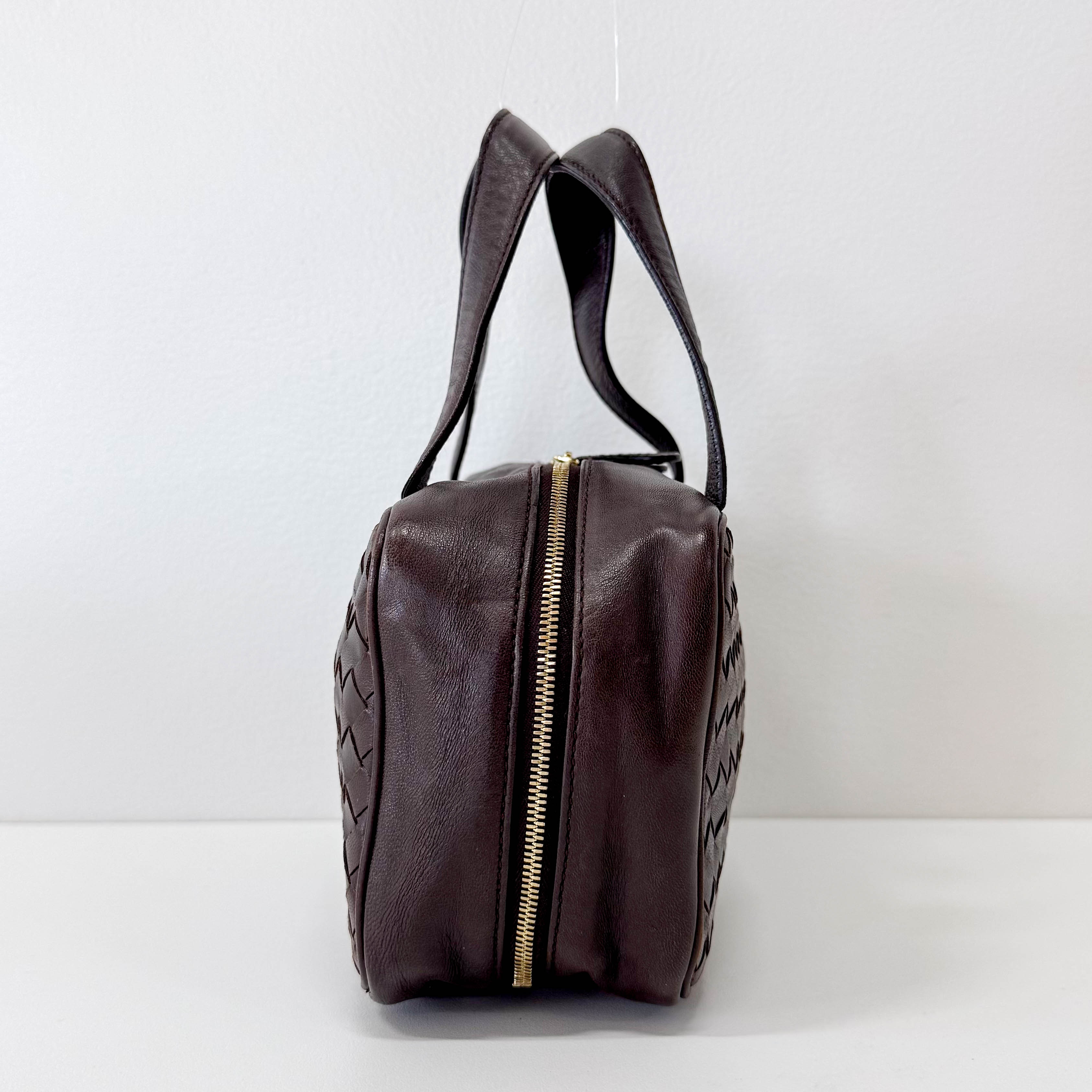 Intrecciato Brown Leather Mini Bowling Bag