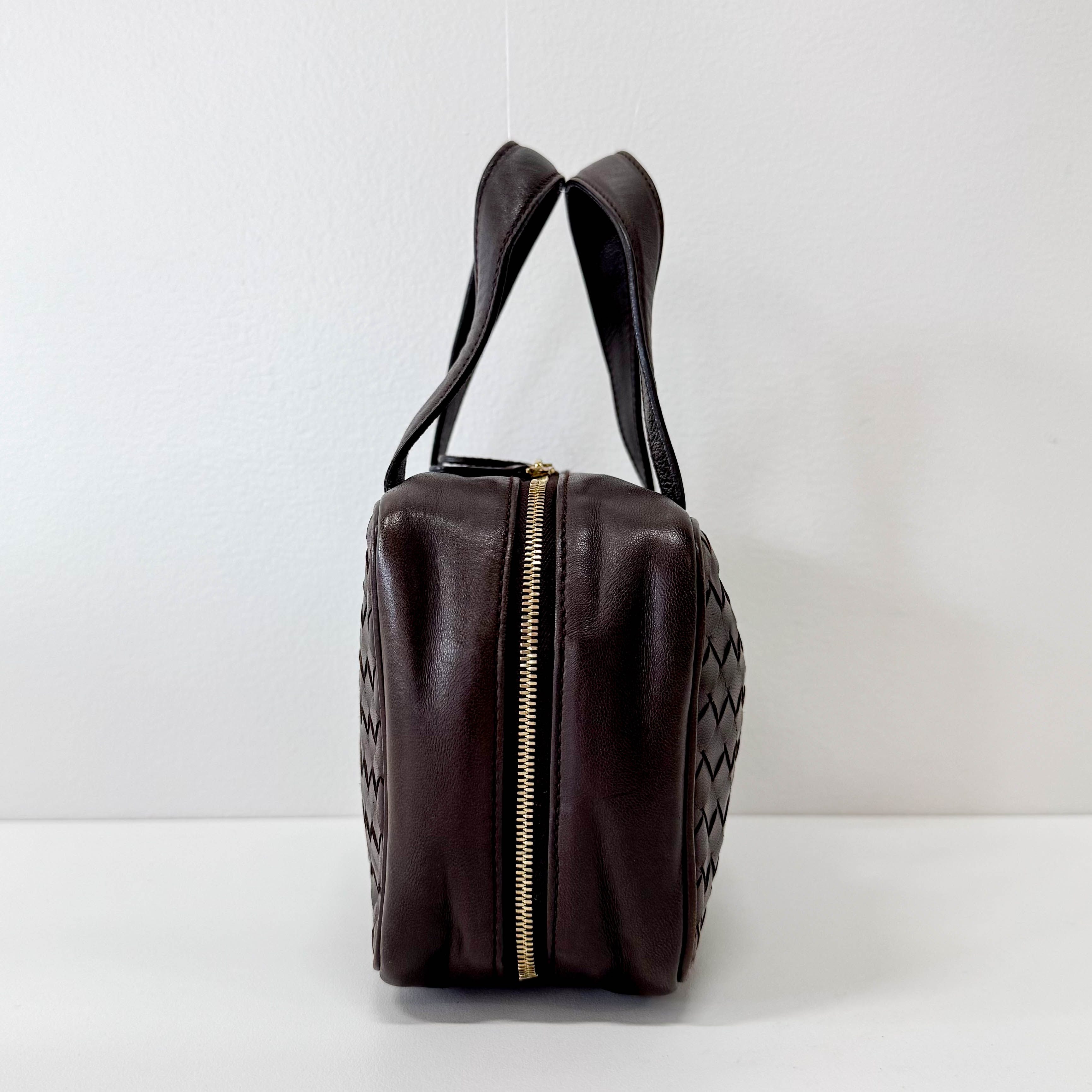 Intrecciato Brown Leather Mini Bowling Bag