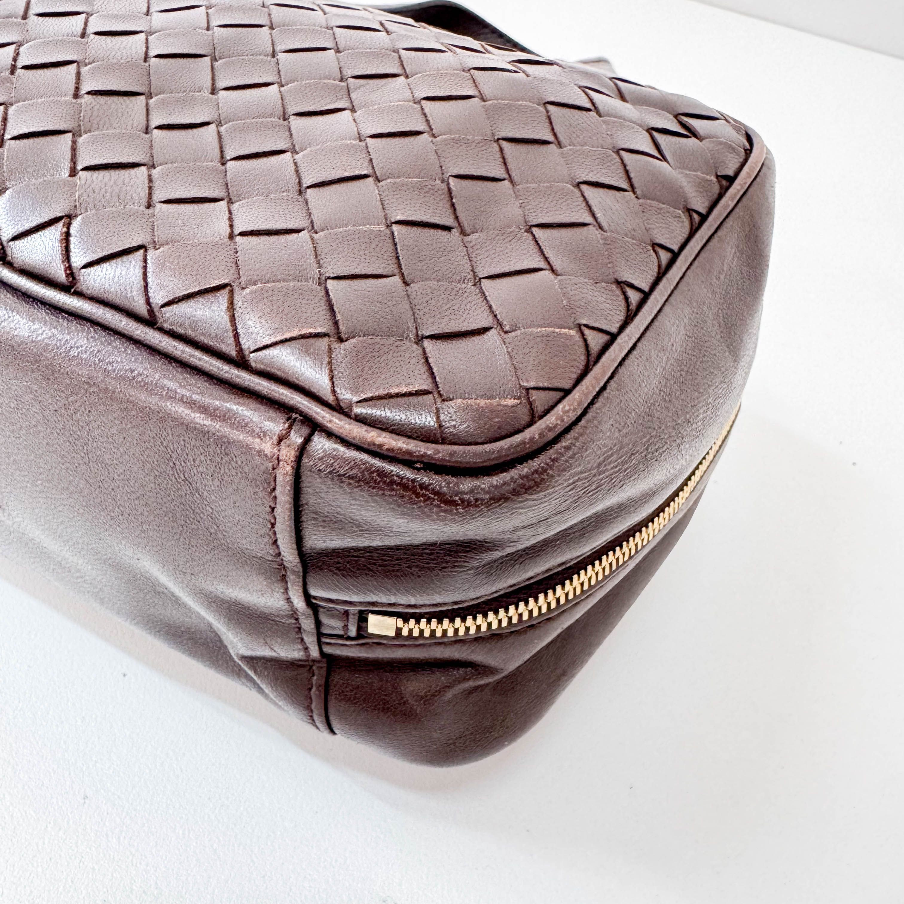 Intrecciato Brown Leather Mini Bowling Bag