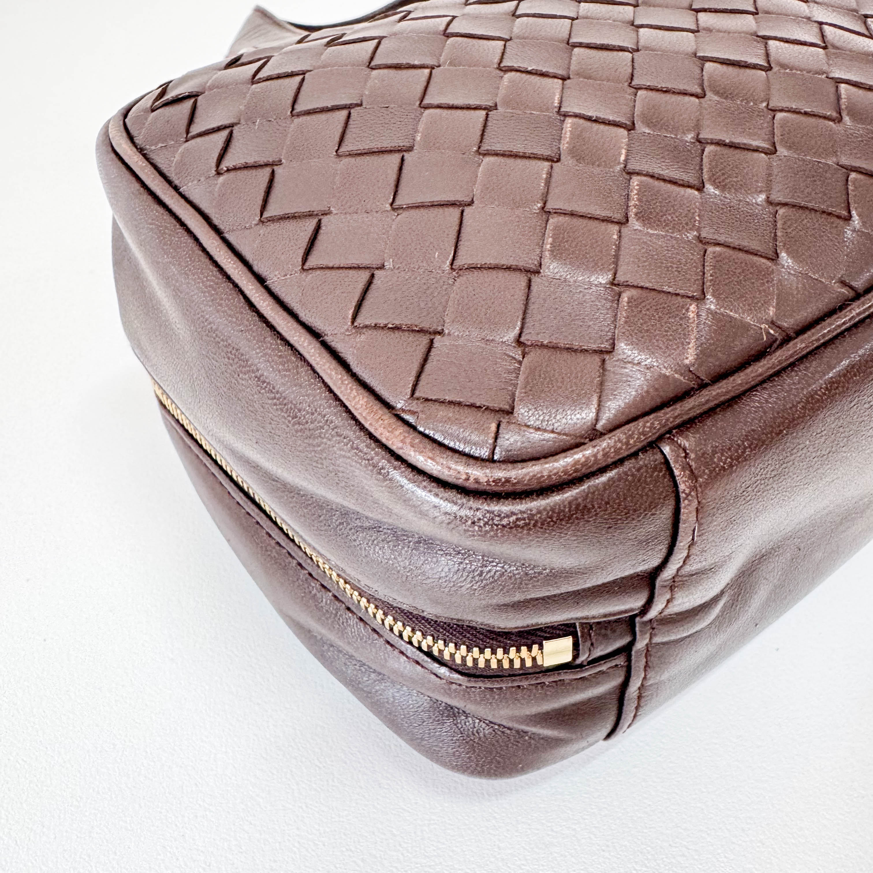 Intrecciato Brown Leather Mini Bowling Bag