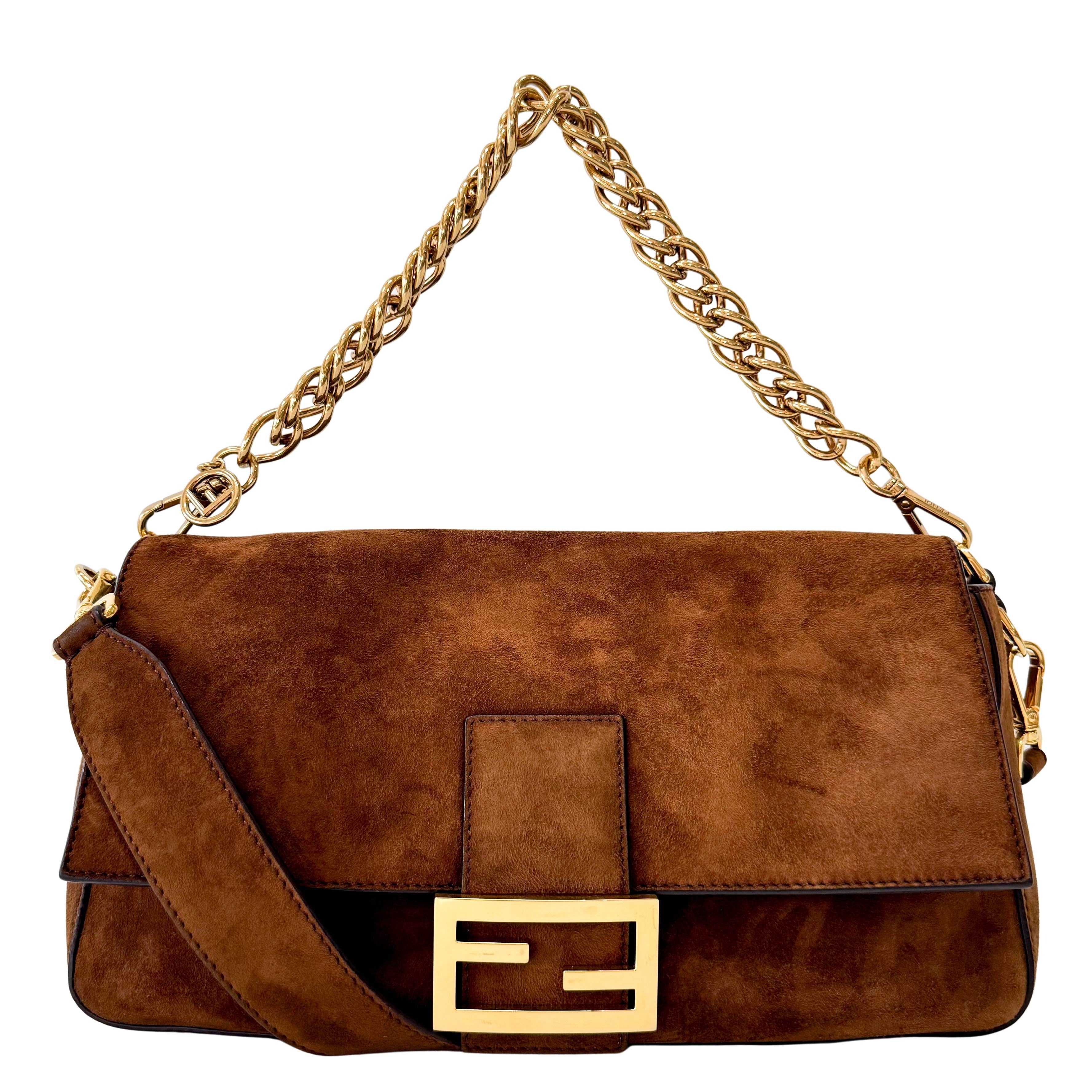 Large Baguette Suede Chain Strap Bag
