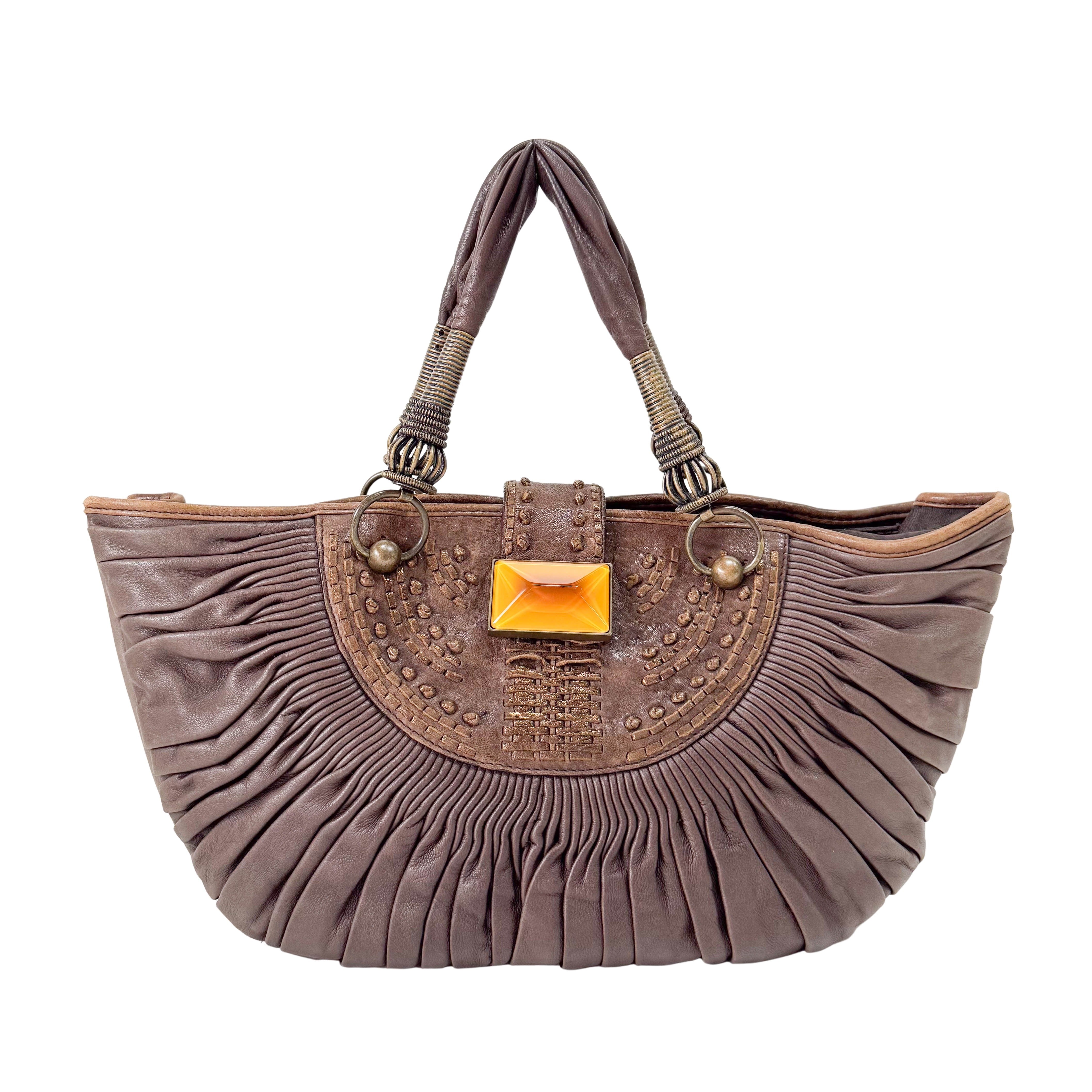 Plisse Cabas Brown Leather Hand Bag