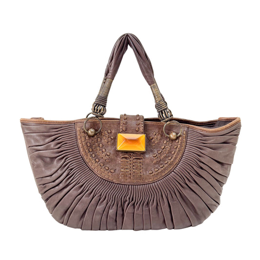 Plisse Cabas Brown Leather Hand Bag