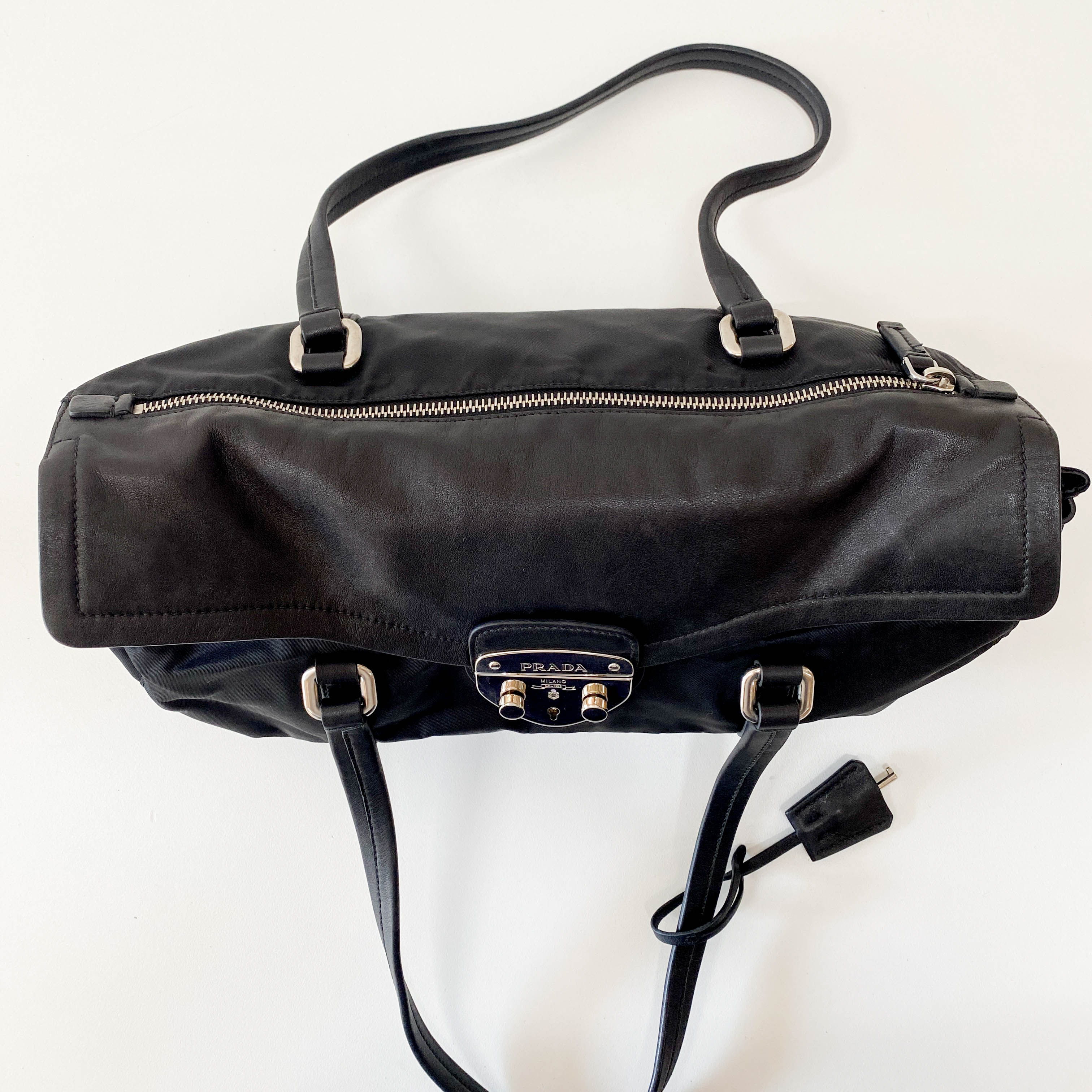 Black Nylon & Leather Shoulder Bag