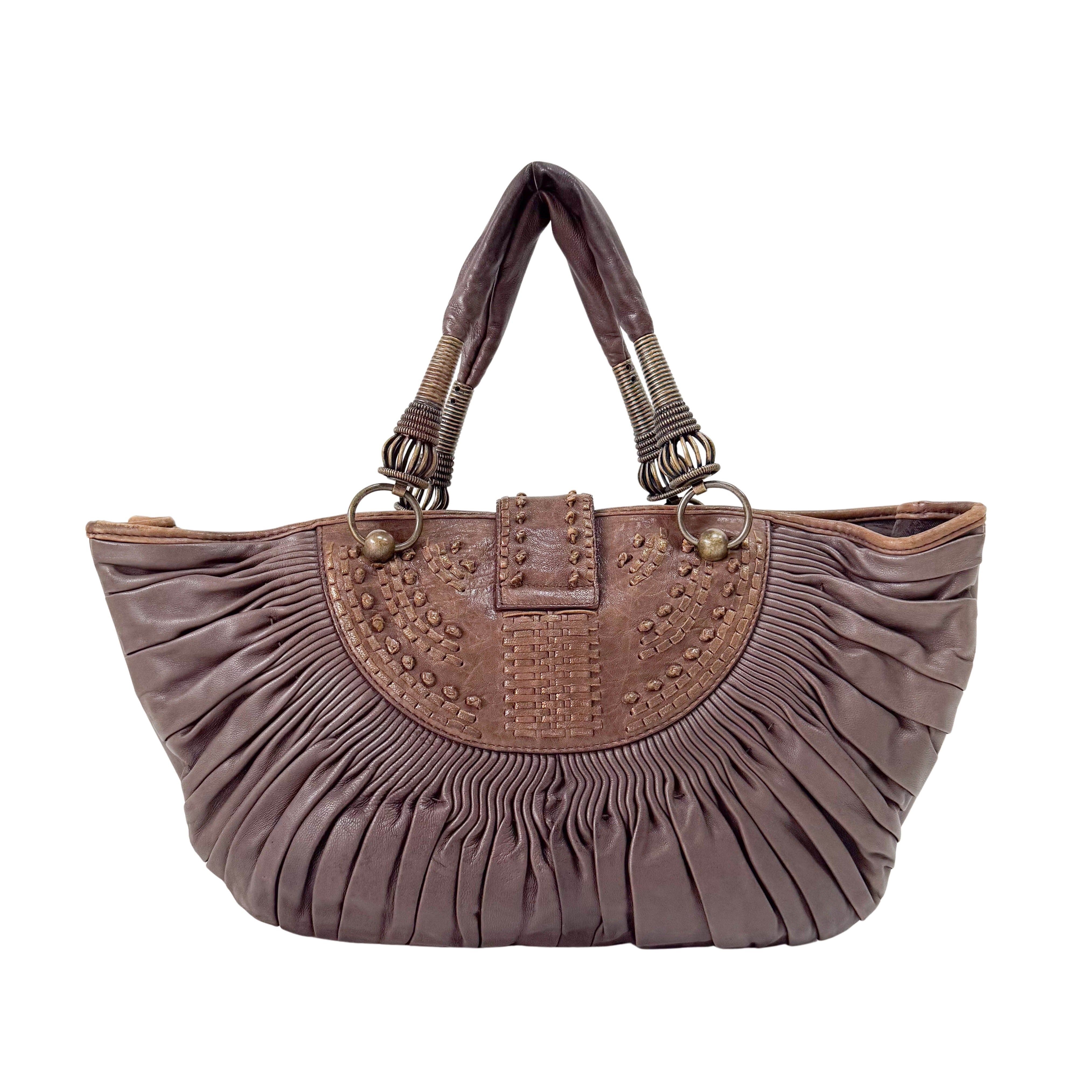 Plisse Cabas Brown Leather Hand Bag