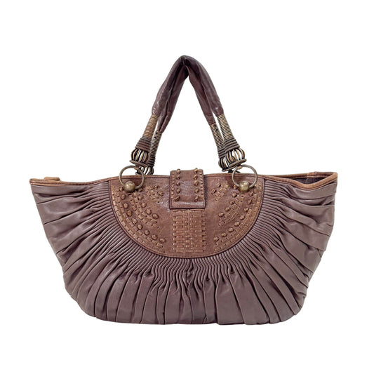 Plisse Cabas Brown Leather Hand Bag