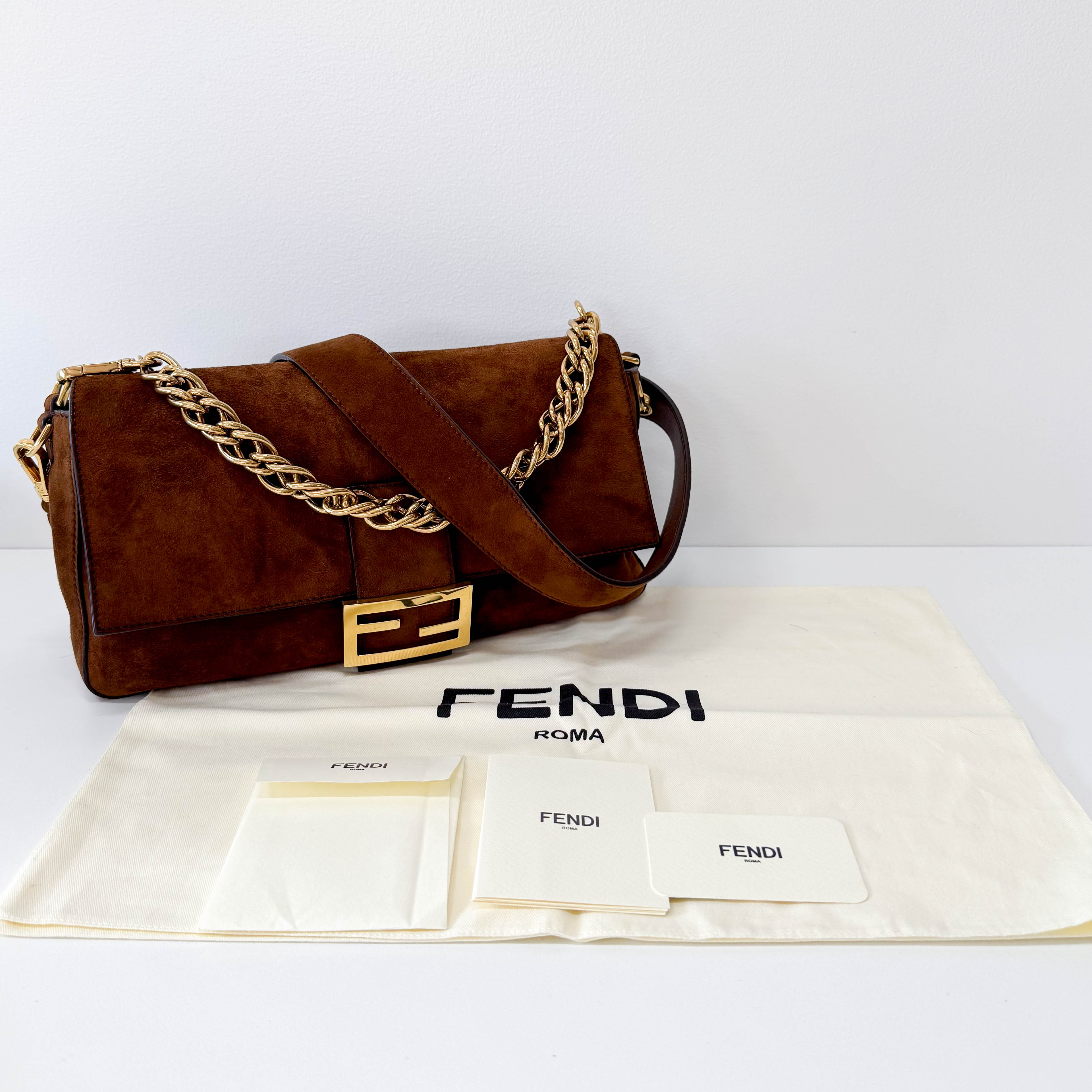 Large Baguette Suede Chain Strap Bag