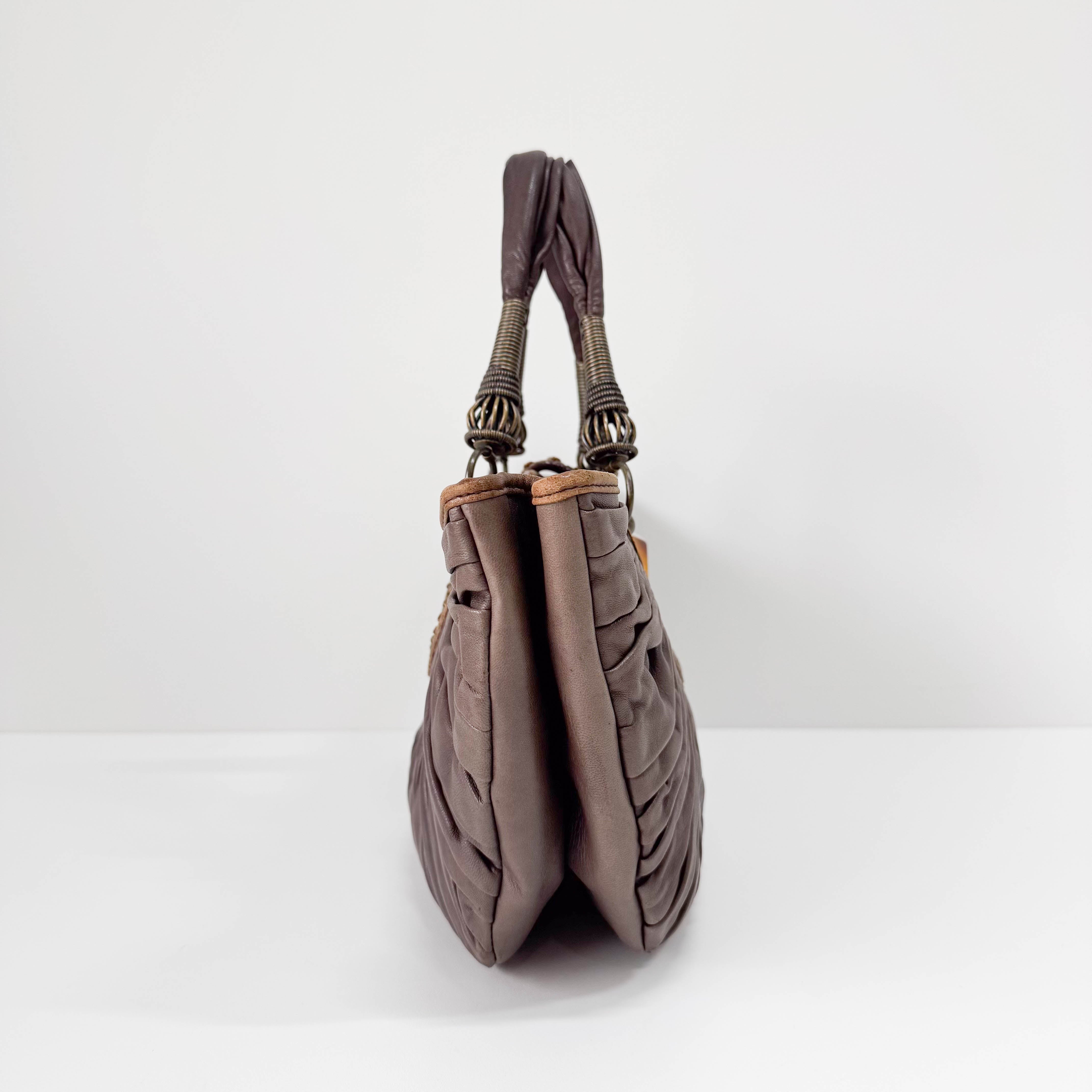 Plisse Cabas Brown Leather Hand Bag