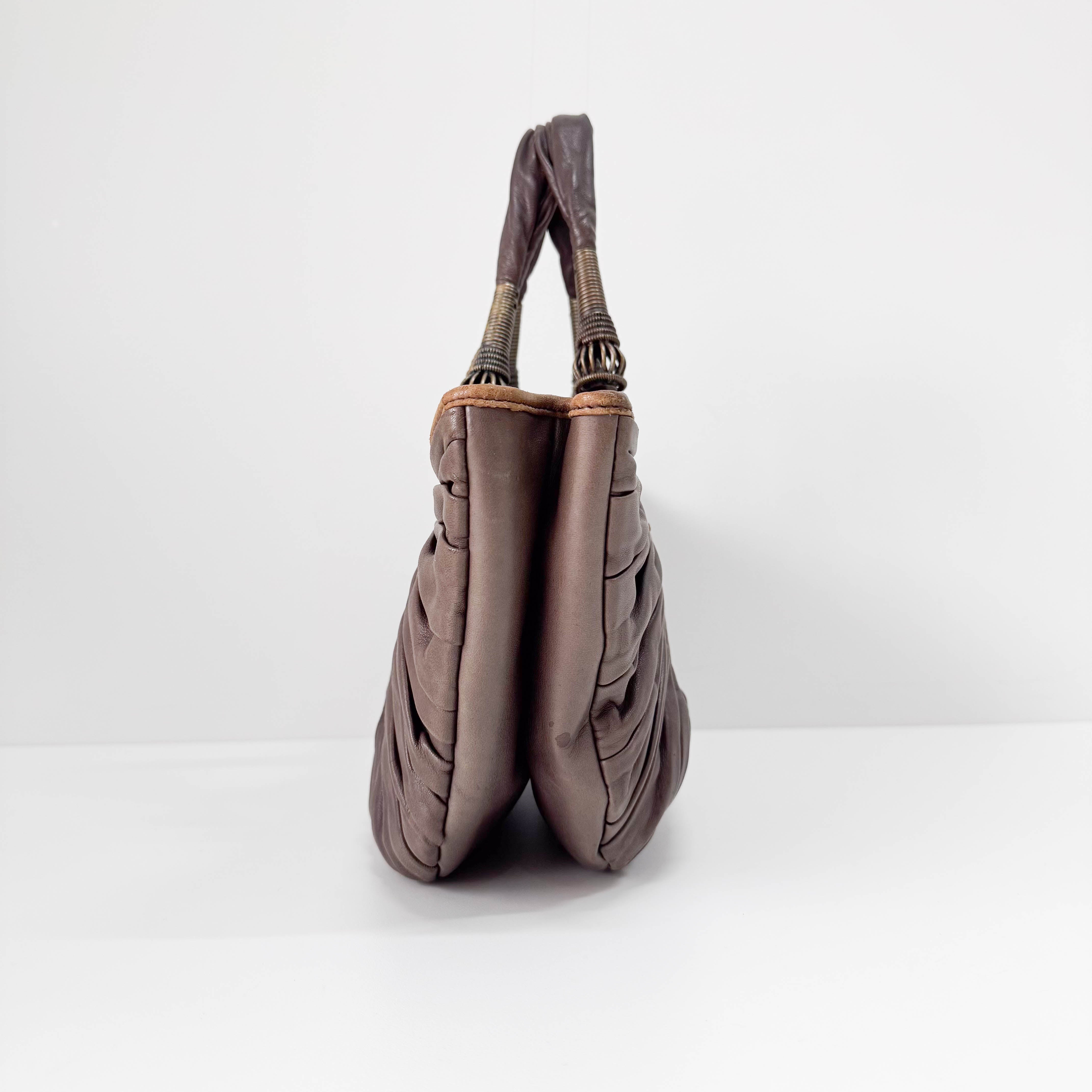 Plisse Cabas Brown Leather Hand Bag