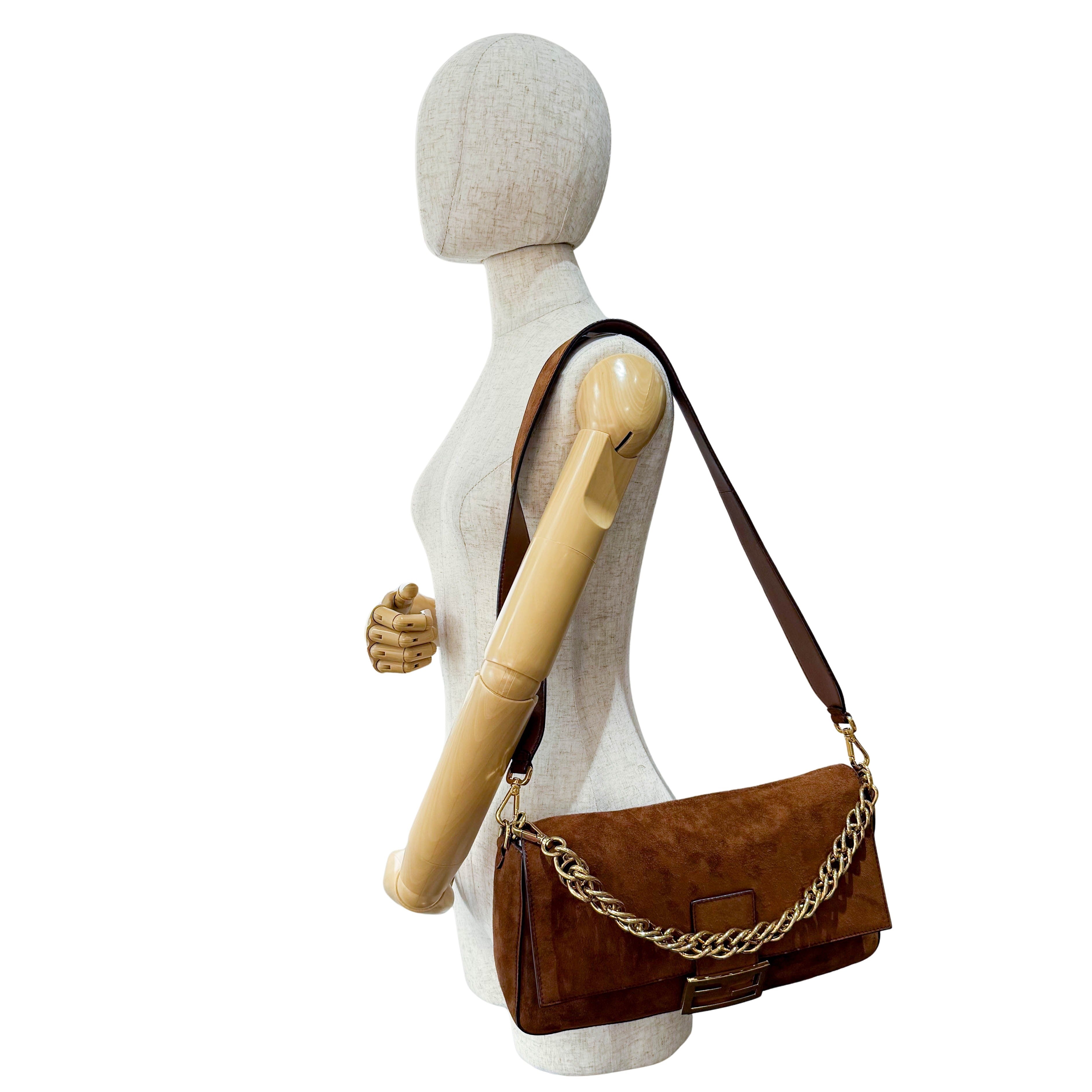 Large Baguette Suede Chain Strap Bag