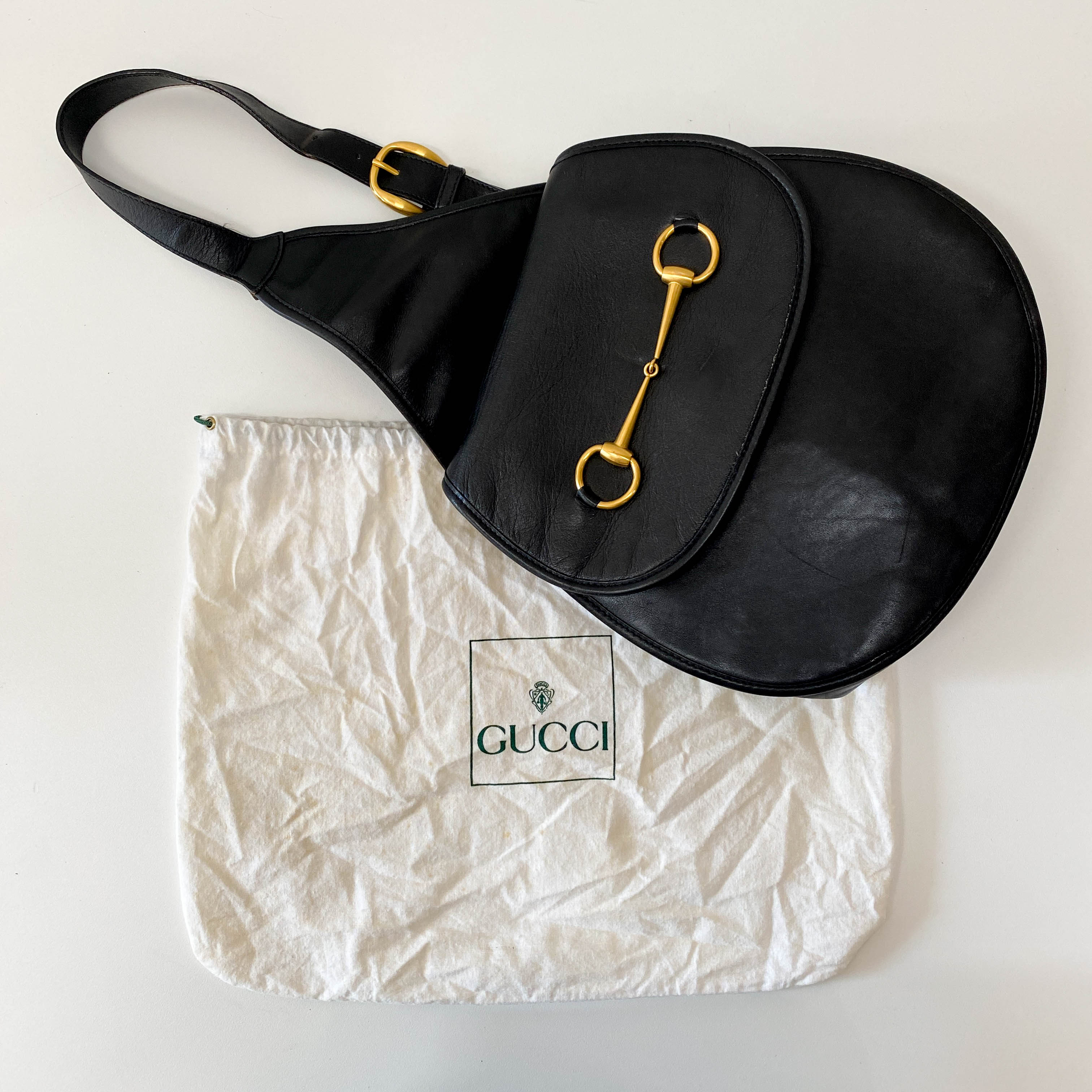 Horsebit Black Leather Shoulder Bag