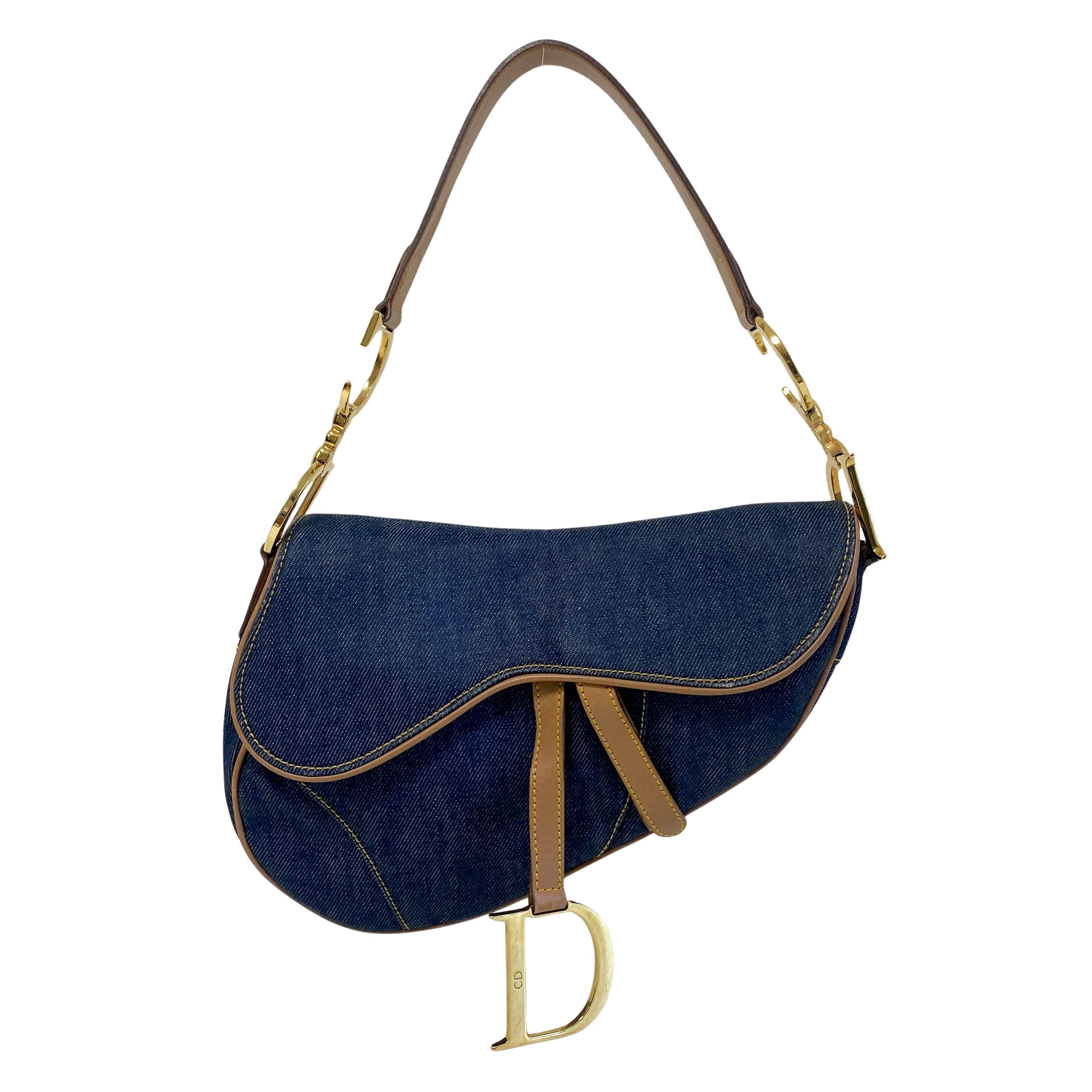 Saddle Denim Shoulder Bag with Gold Hardware