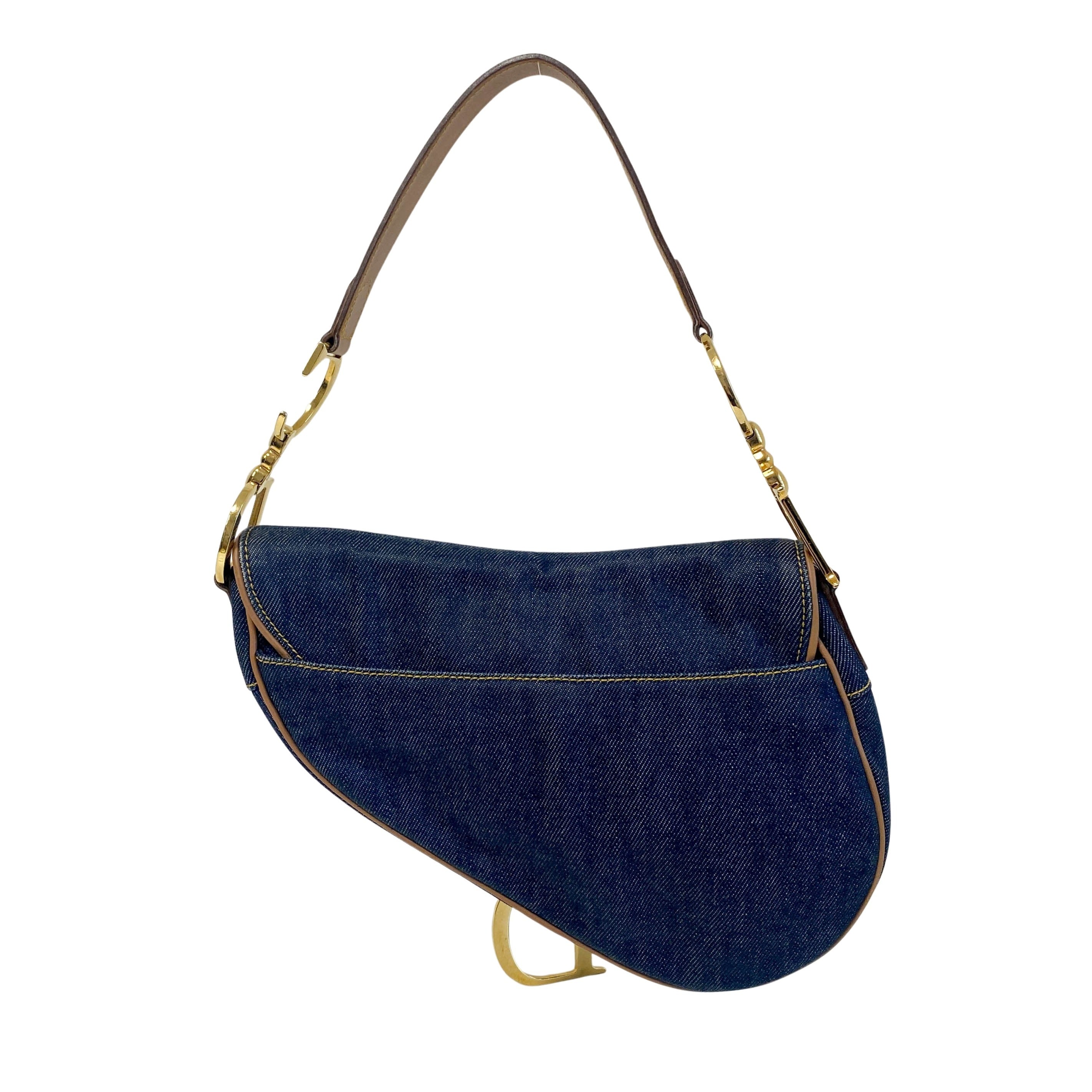Saddle Denim Shoulder Bag with Gold Hardware