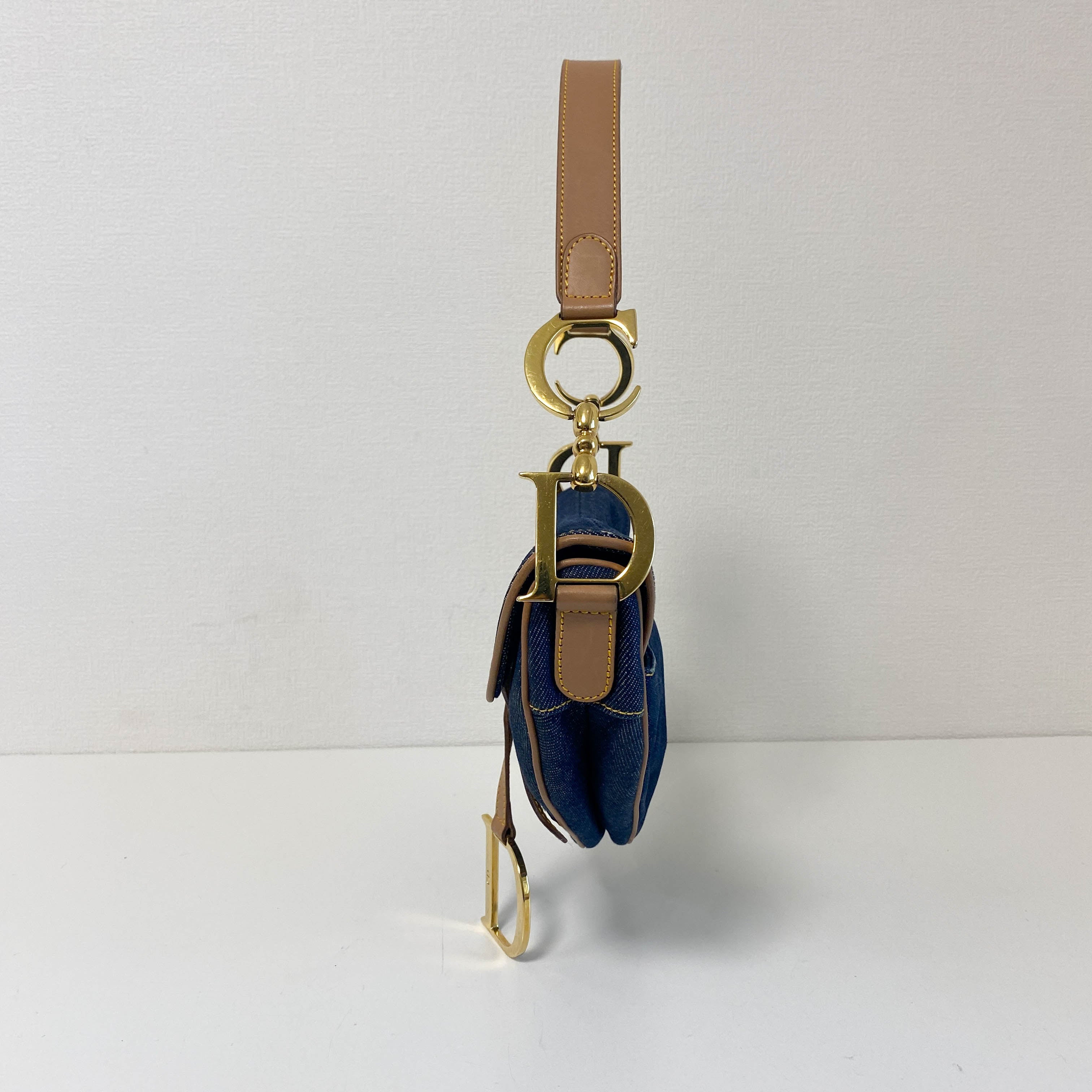 Saddle Denim Shoulder Bag with Gold Hardware