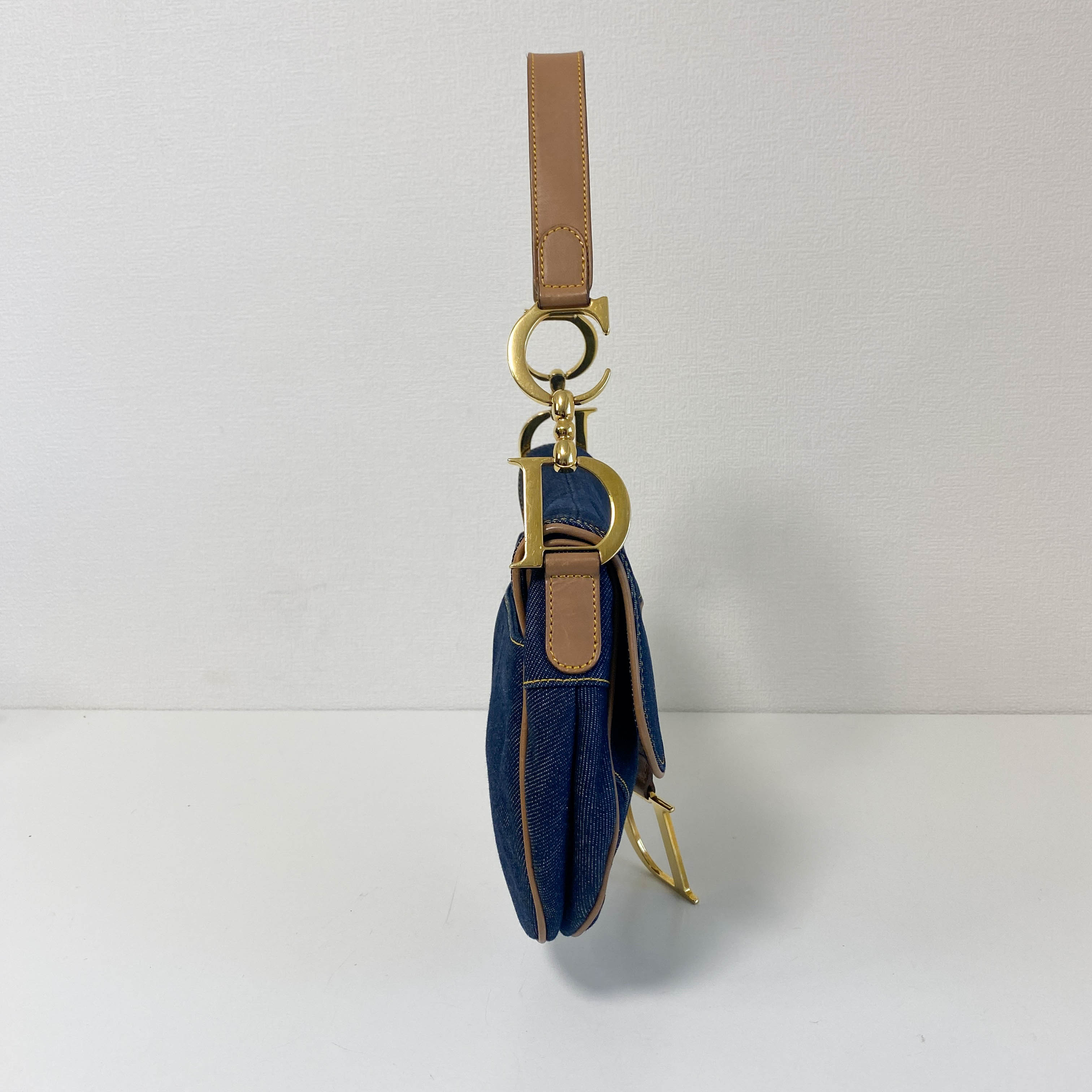 Saddle Denim Shoulder Bag with Gold Hardware