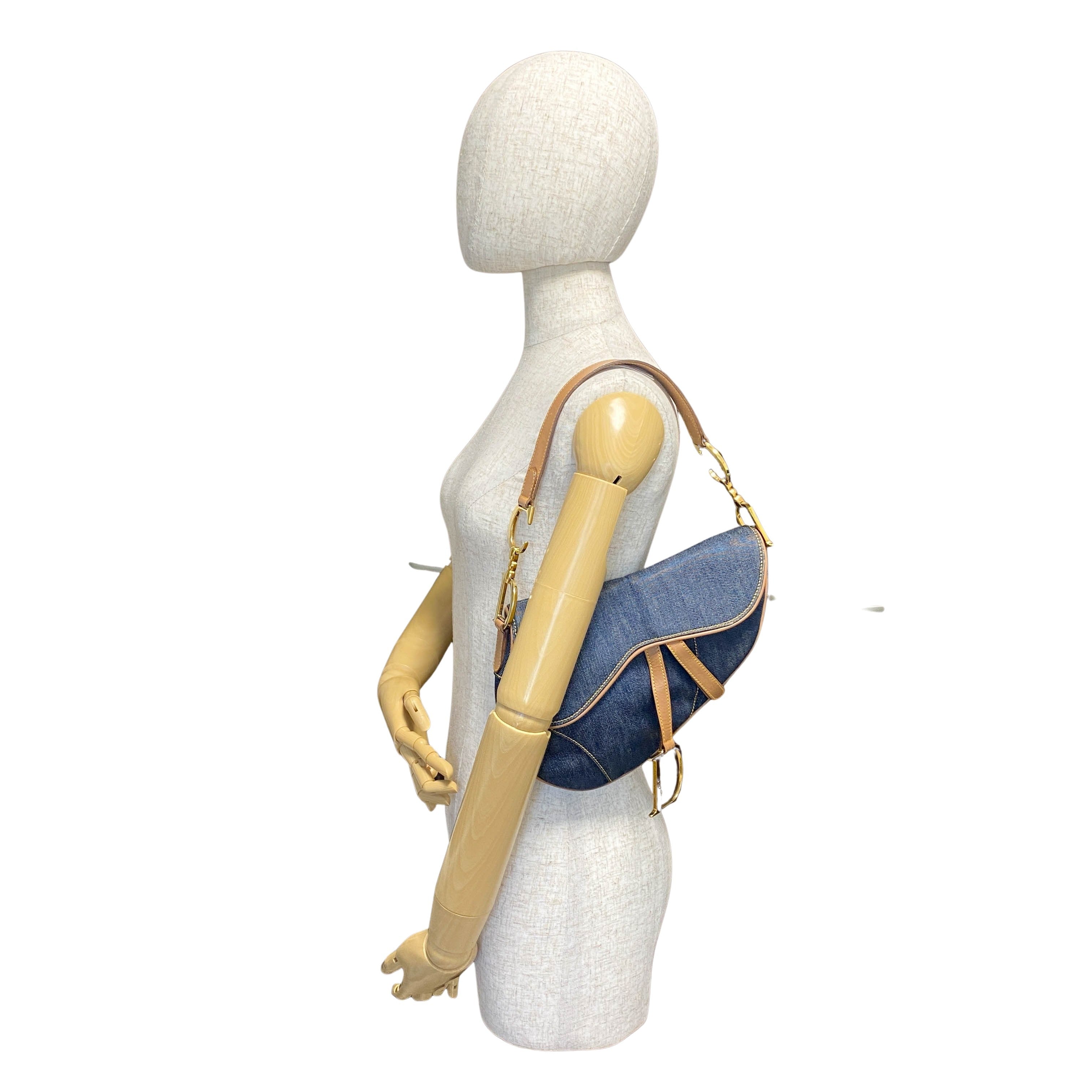 Saddle Denim Shoulder Bag with Gold Hardware