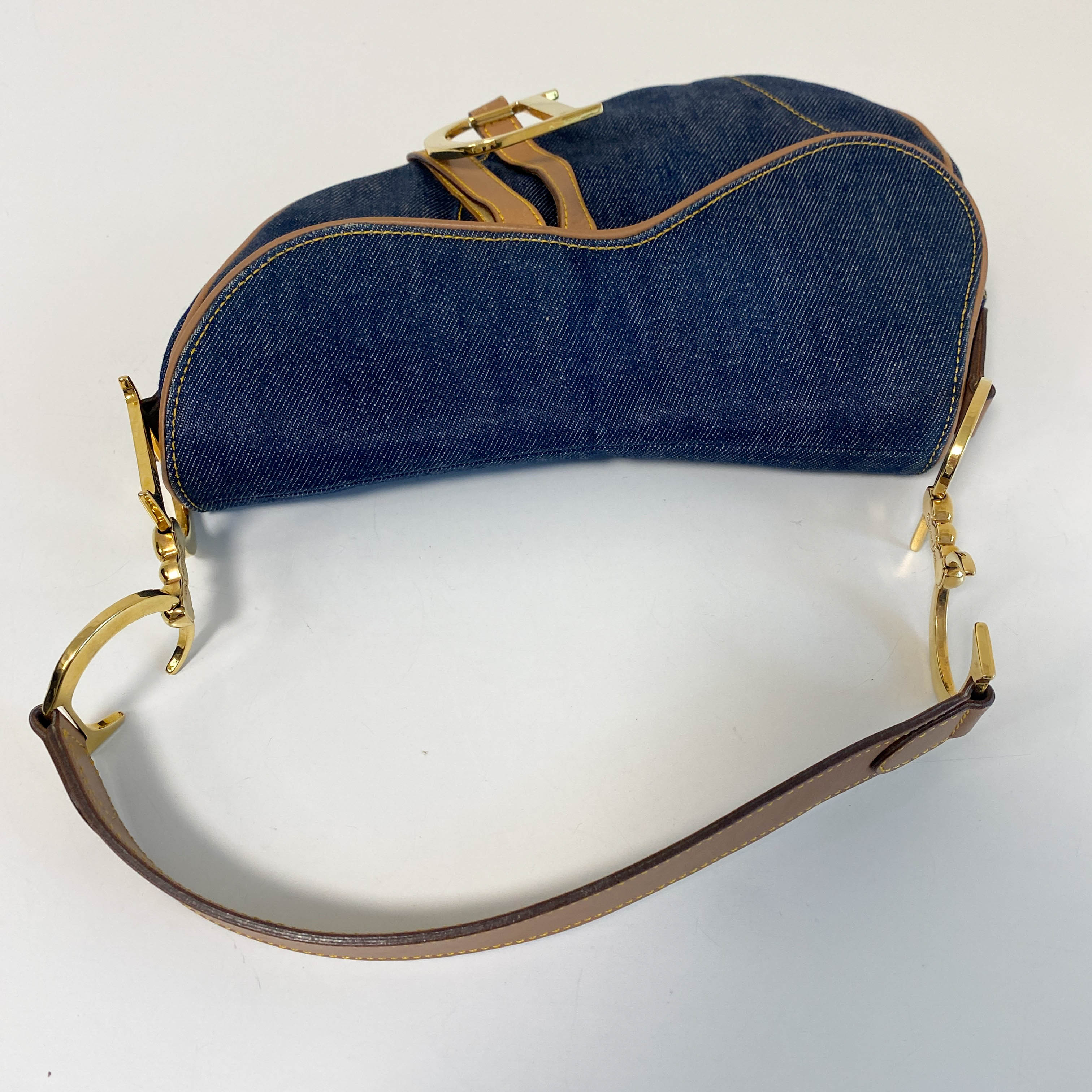 Saddle Denim Shoulder Bag with Gold Hardware