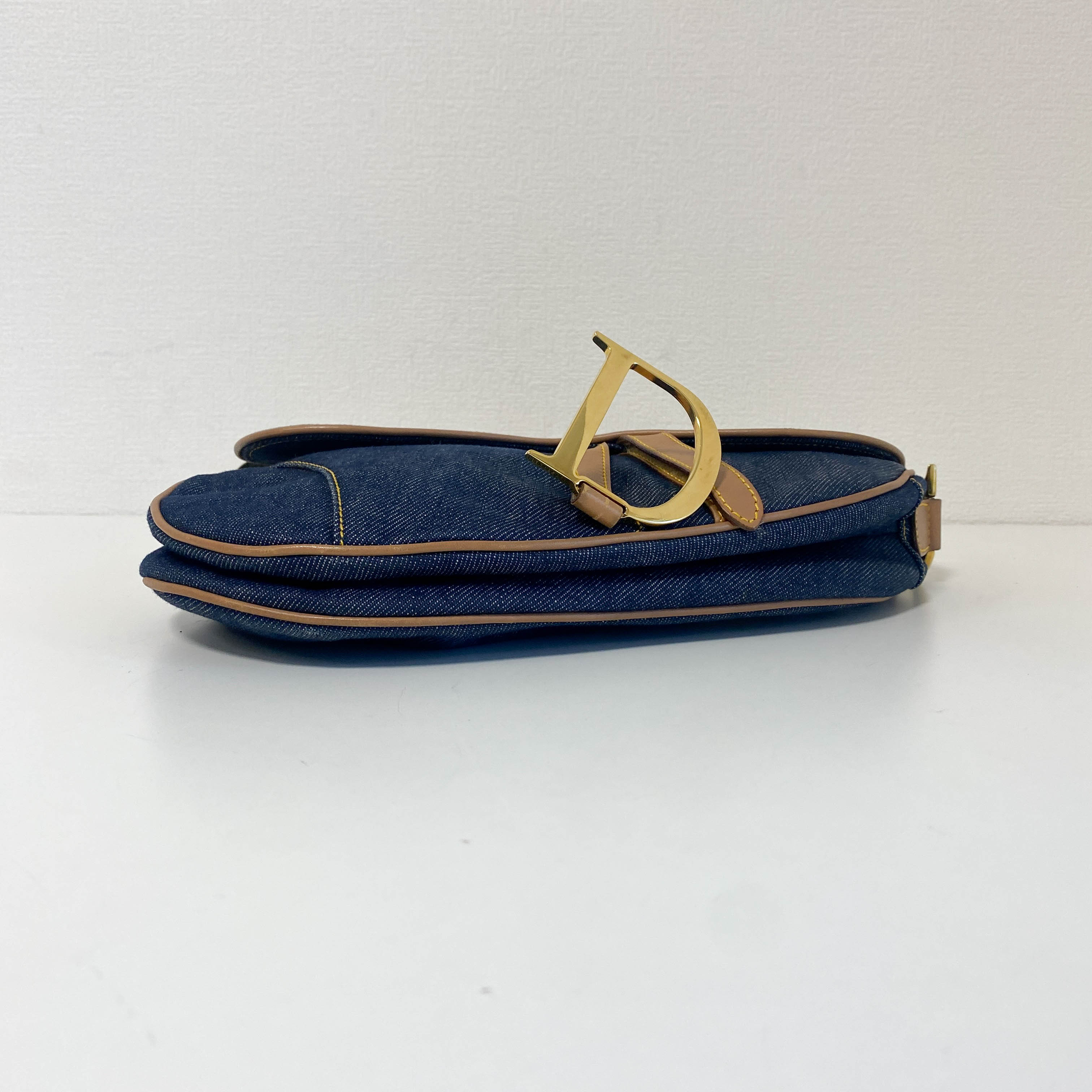 Saddle Denim Shoulder Bag with Gold Hardware