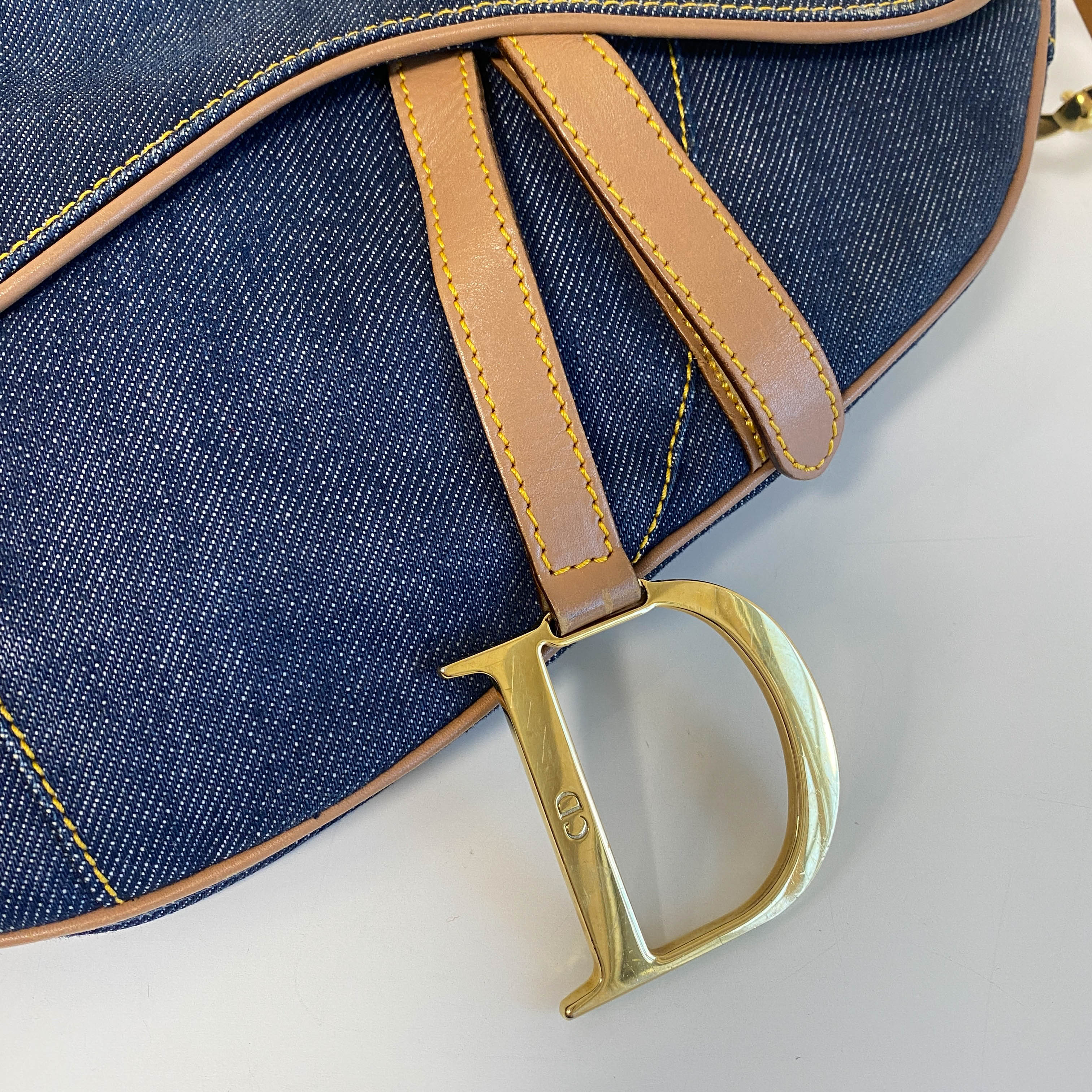 Saddle Denim Shoulder Bag with Gold Hardware