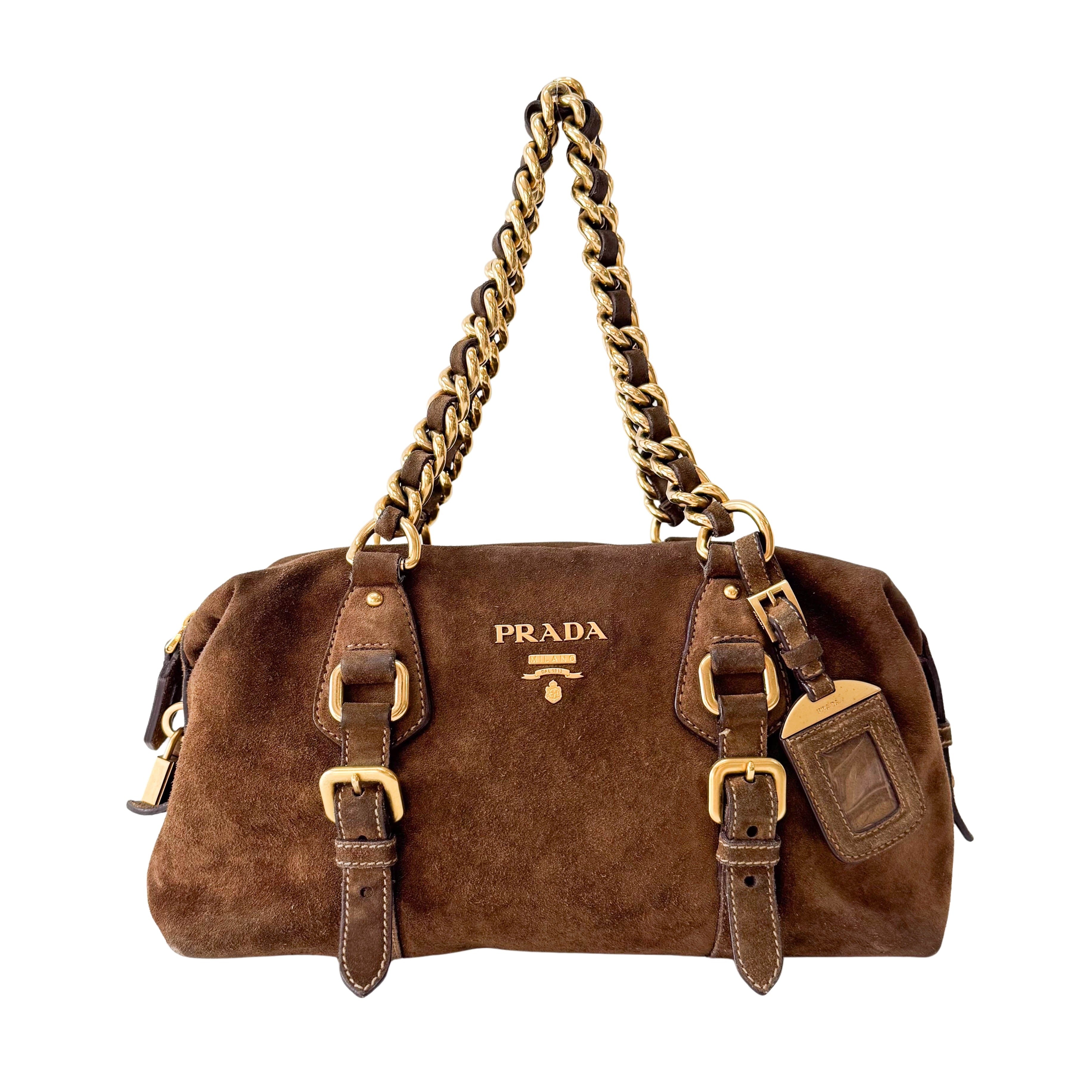 Brown Suede Gold Chain Shoulder Bag