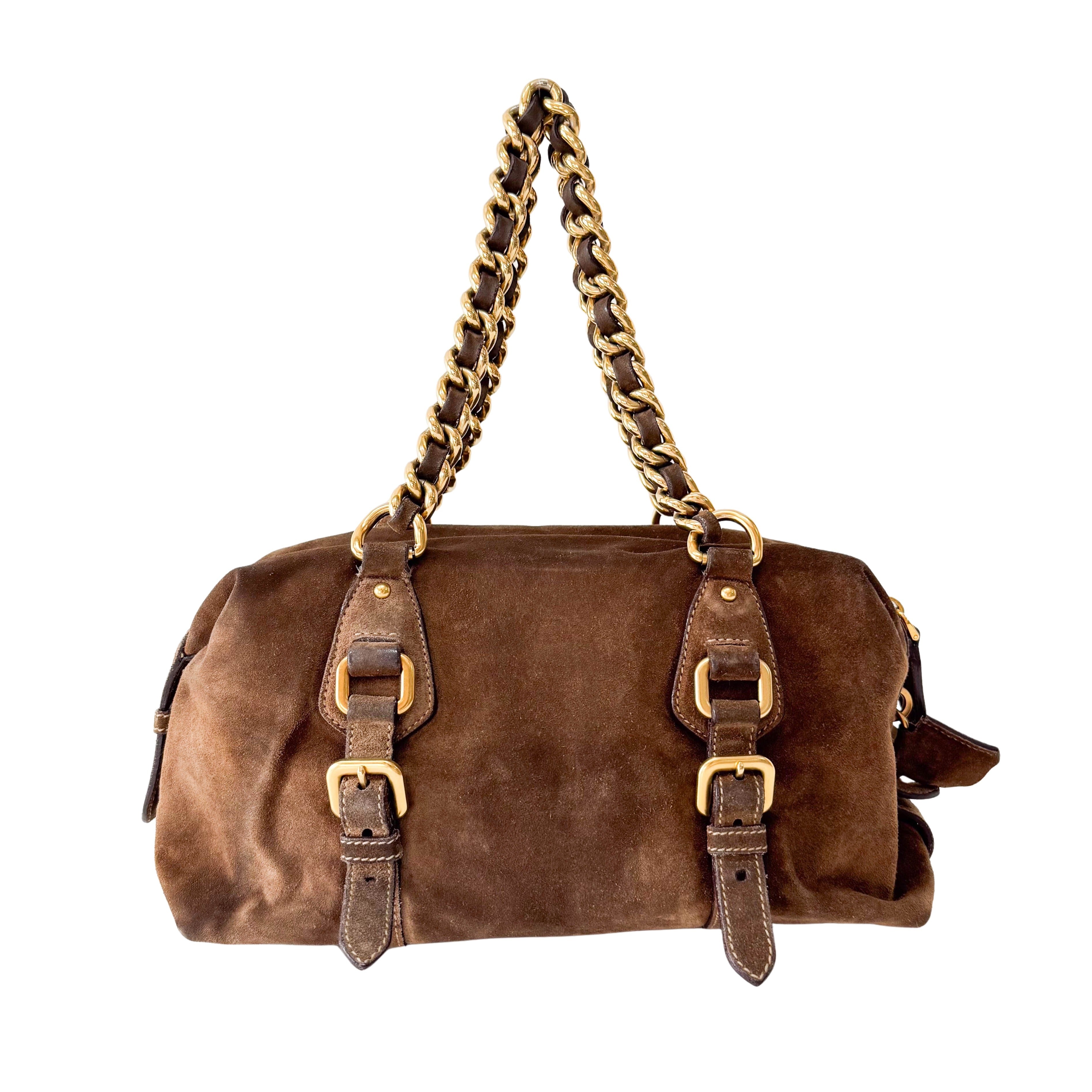 Brown Suede Gold Chain Shoulder Bag