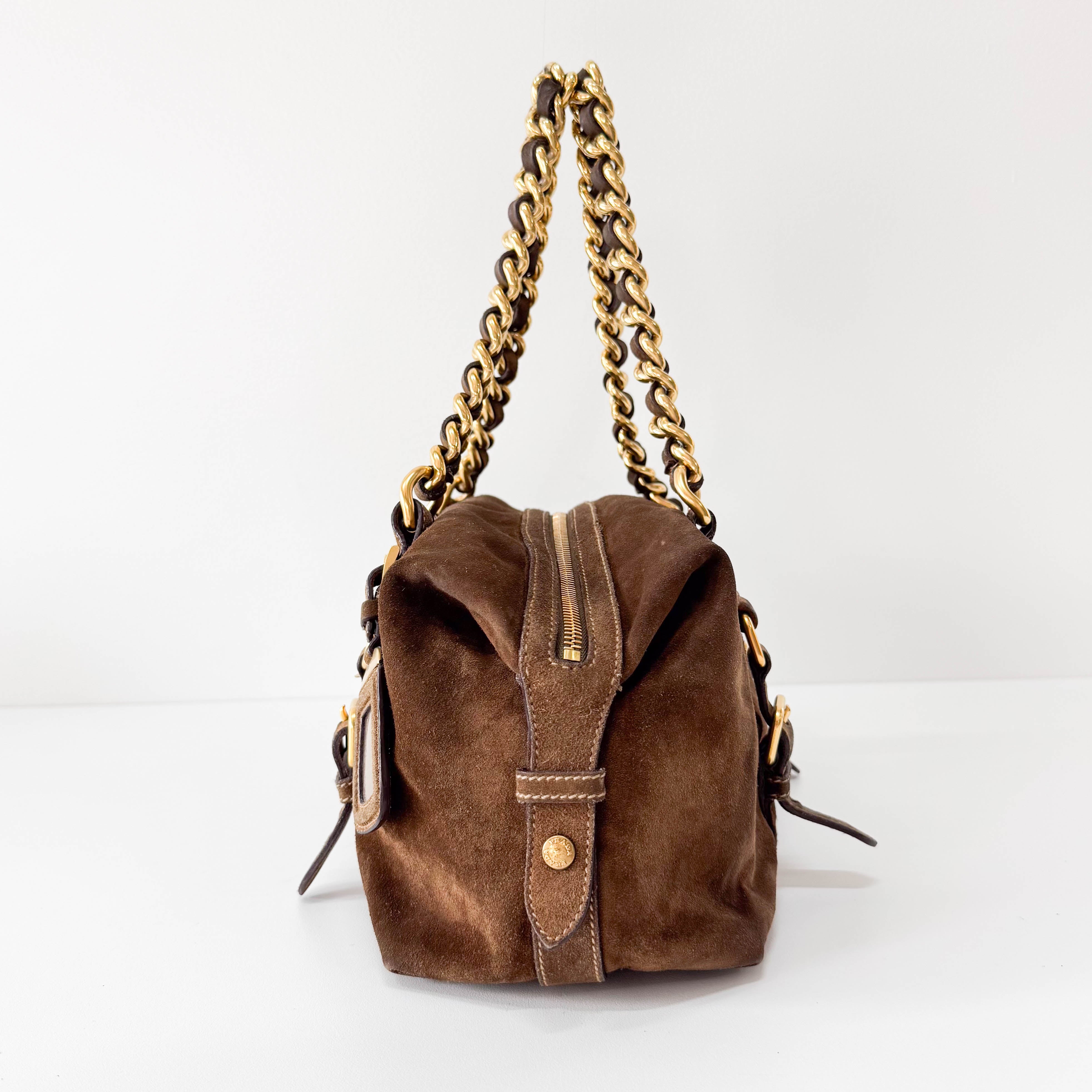 Brown Suede Gold Chain Shoulder Bag