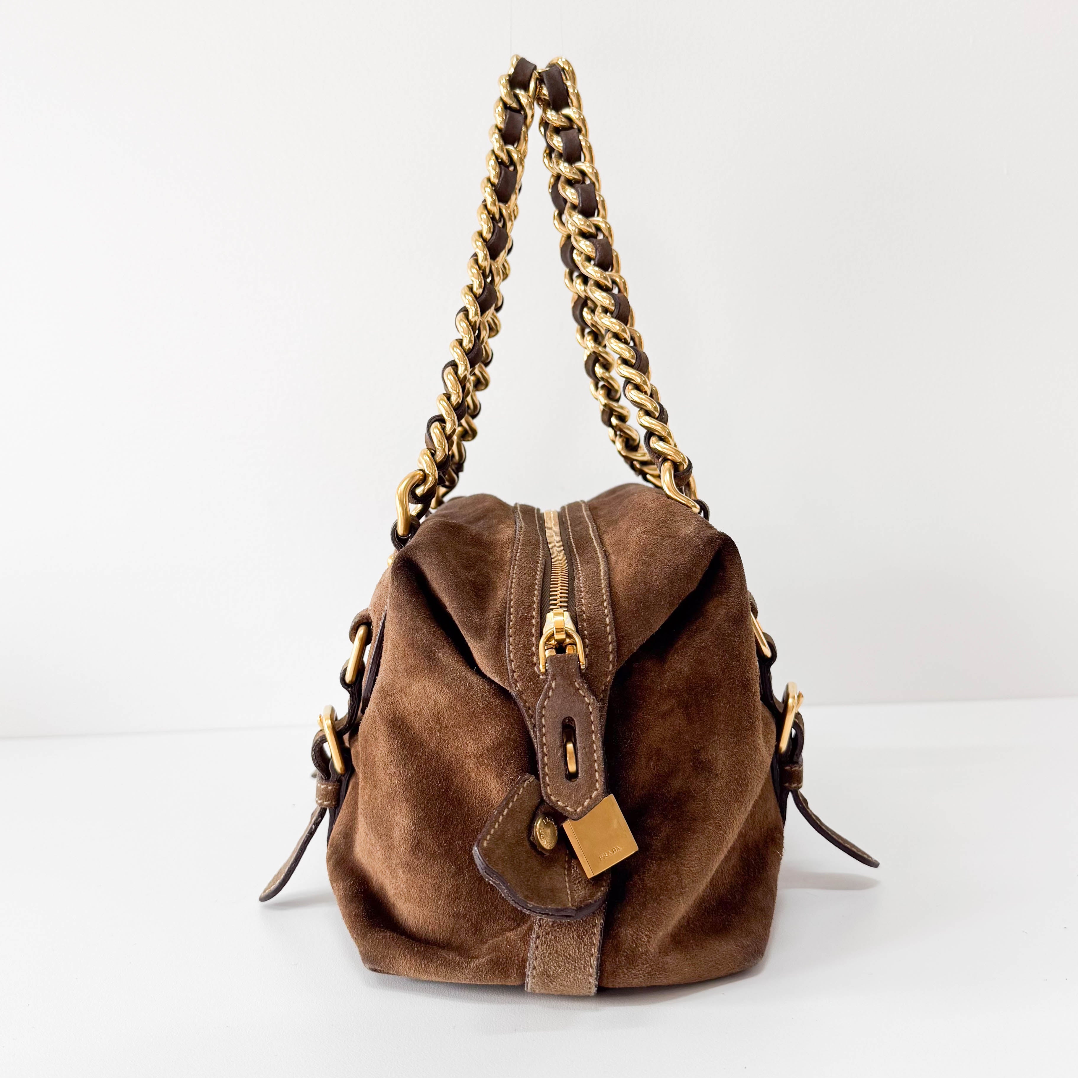 Brown Suede Gold Chain Shoulder Bag
