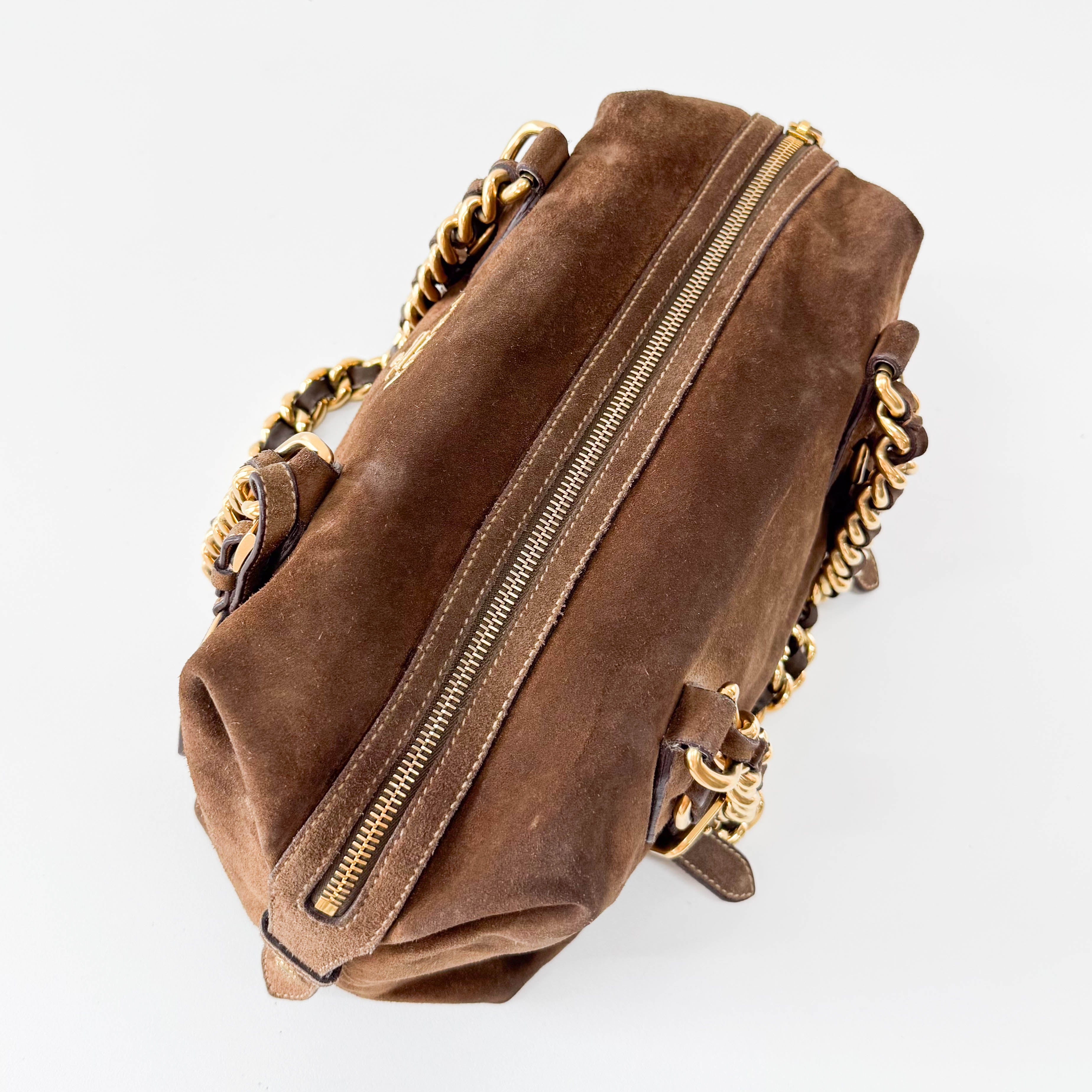 Brown Suede Gold Chain Shoulder Bag