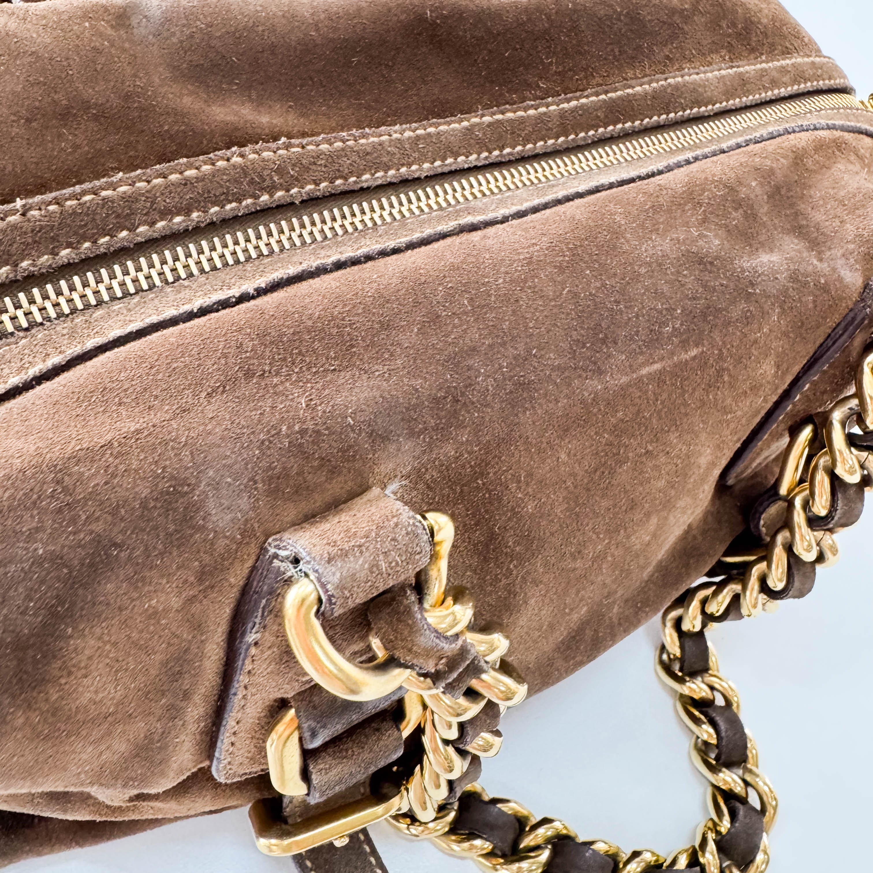 Brown Suede Gold Chain Shoulder Bag