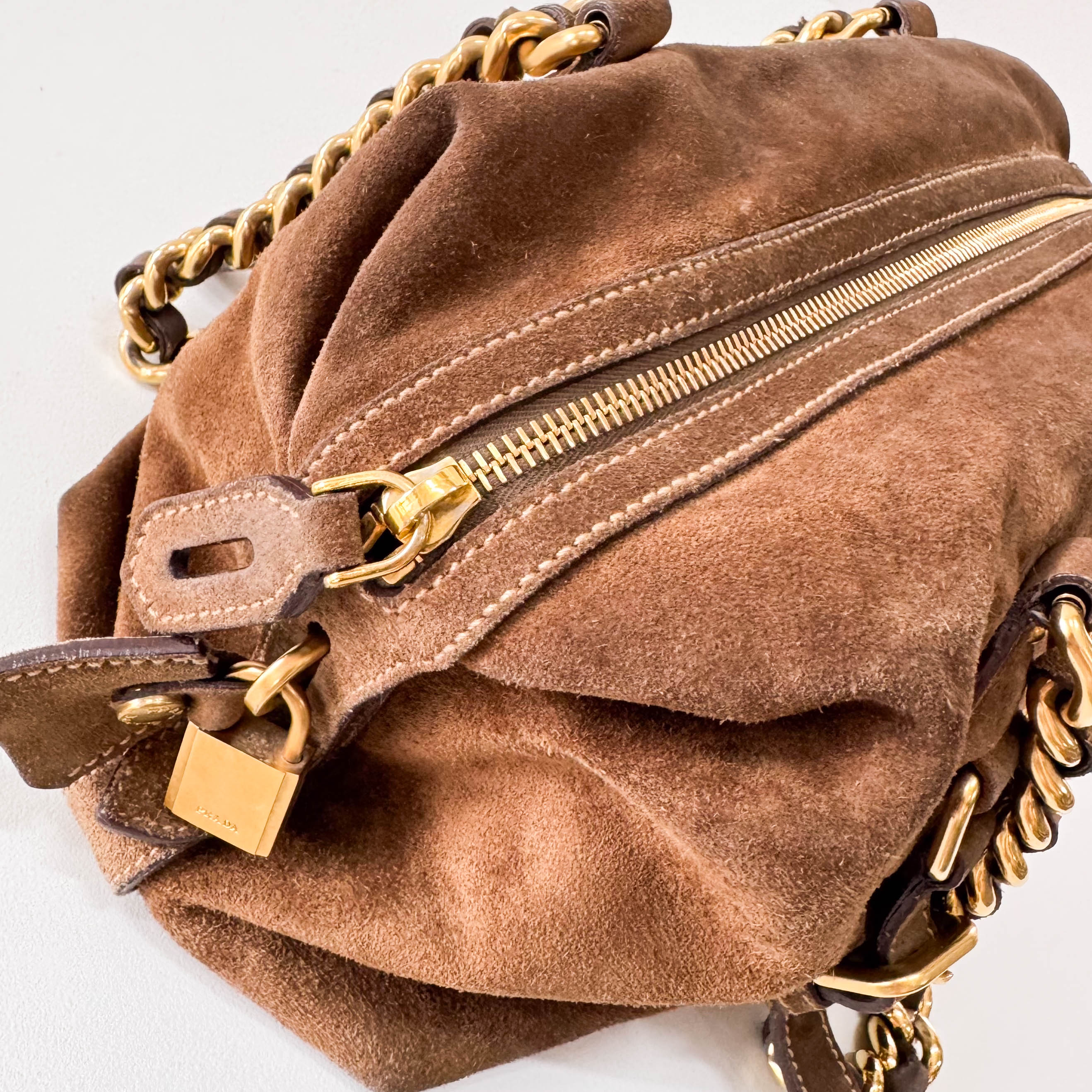 Brown Suede Gold Chain Shoulder Bag