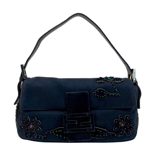 Baguette Black Cashmere and Pony Hair with Multi Colour Beaded Shoulder Bag