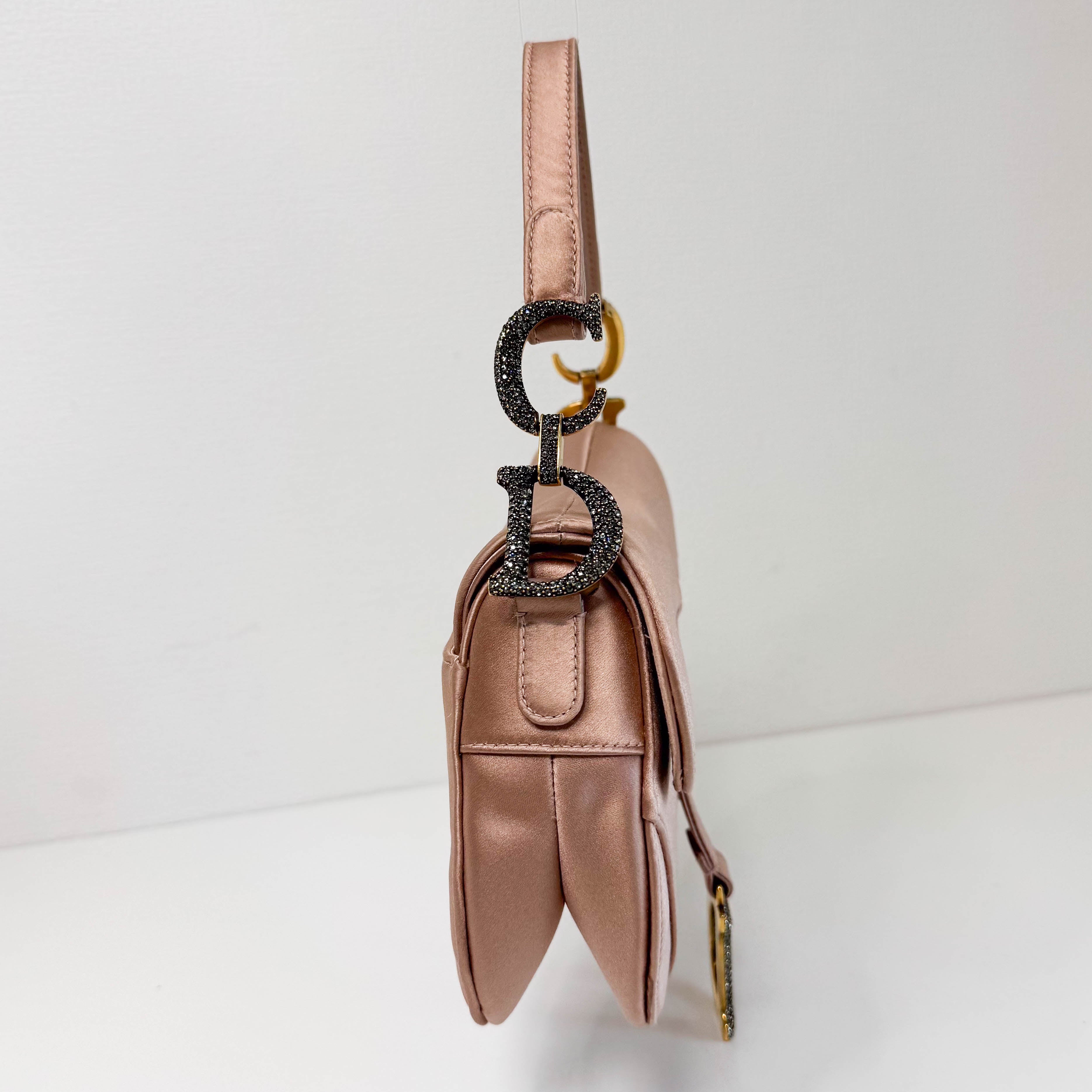 Mini Saddle Pink Satin Shoulder Bag with Rhinestone Hardware