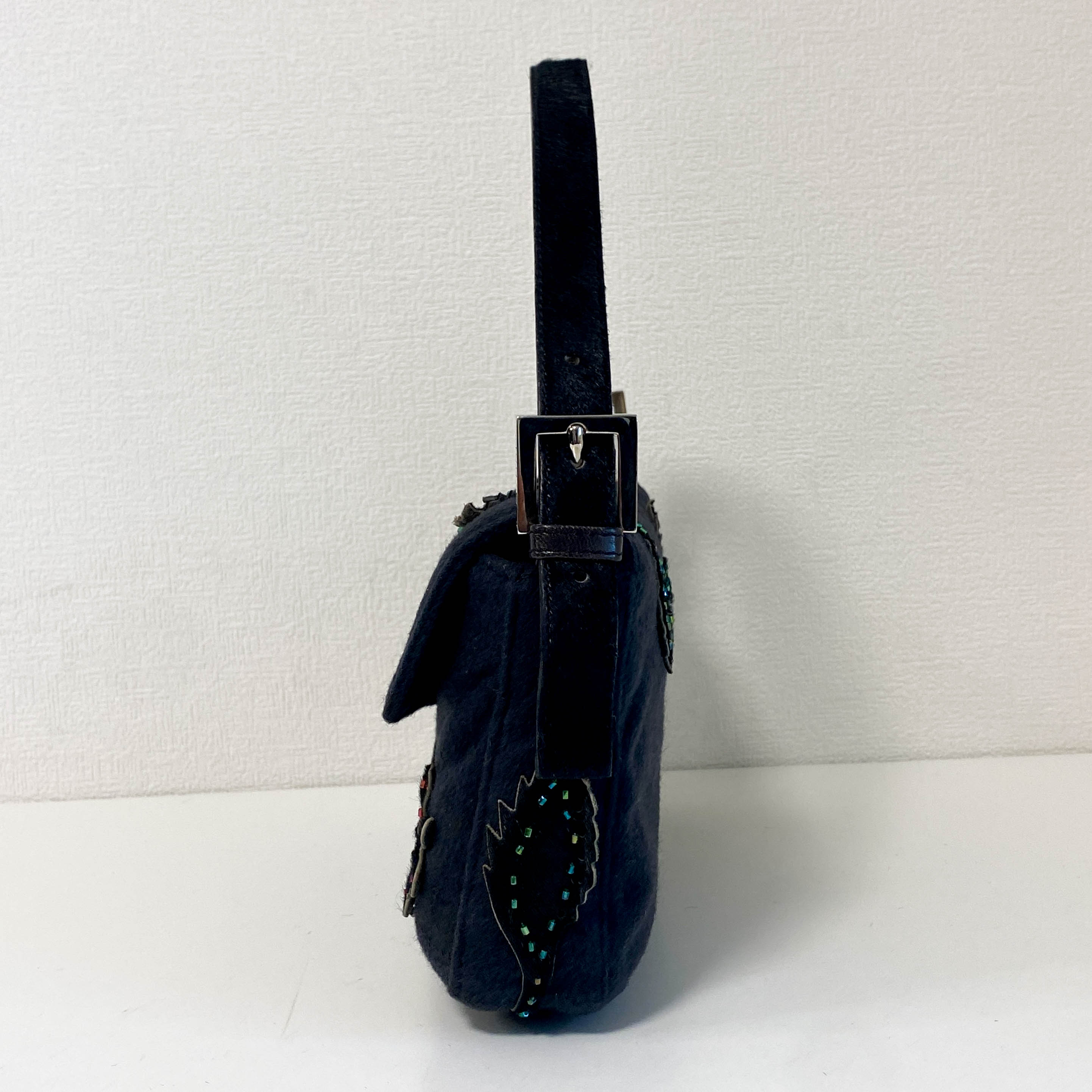 Baguette Black Cashmere and Pony Hair with Multi Colour Beaded Shoulder Bag