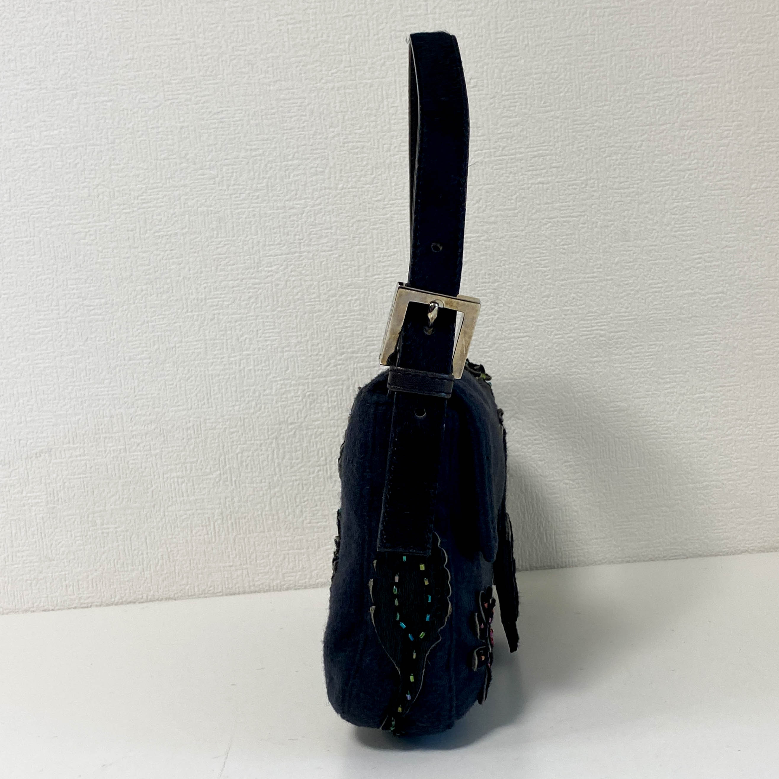 Baguette Black Cashmere and Pony Hair with Multi Colour Beaded Shoulder Bag