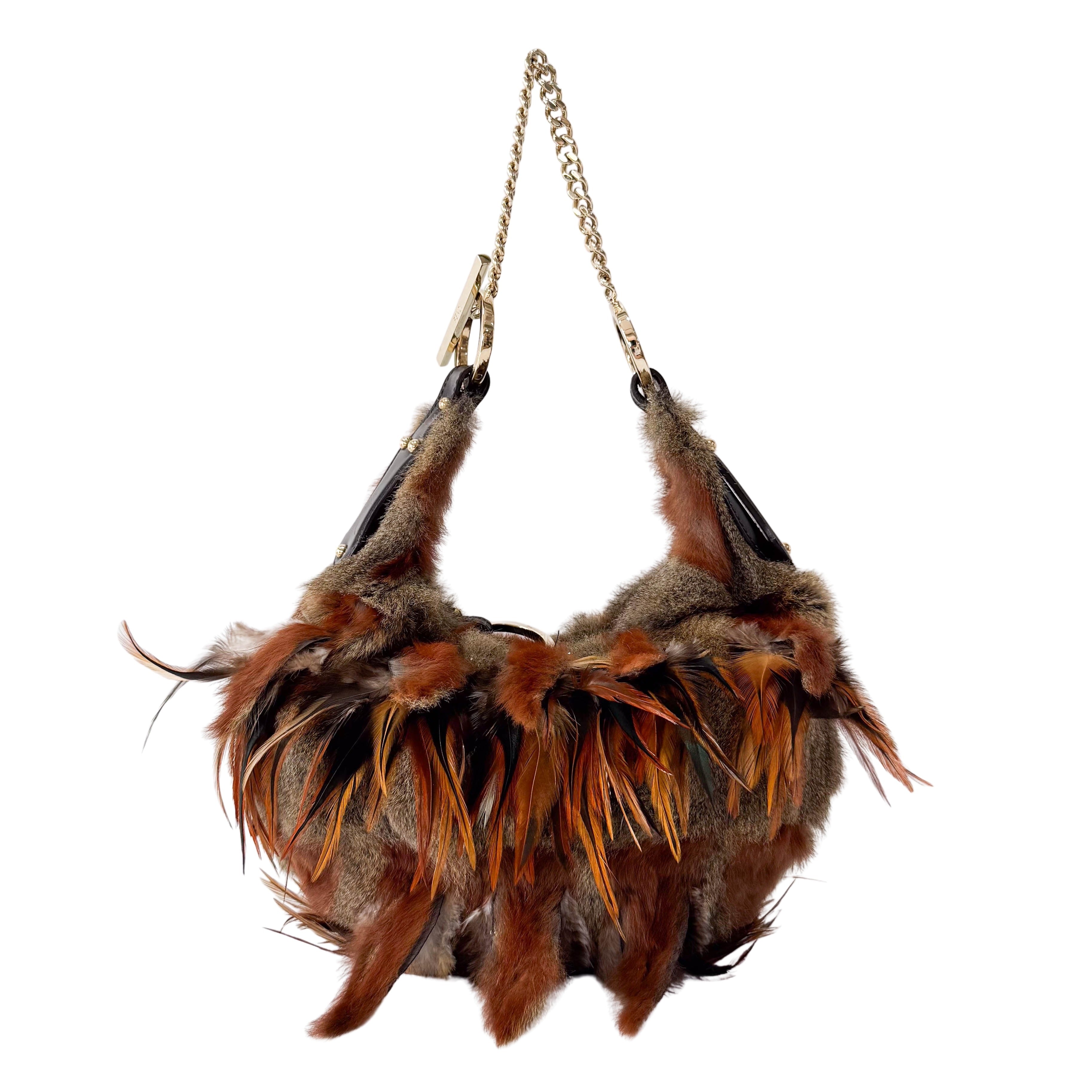 Feather/Fur Hobo Brown Gold Chain Bag