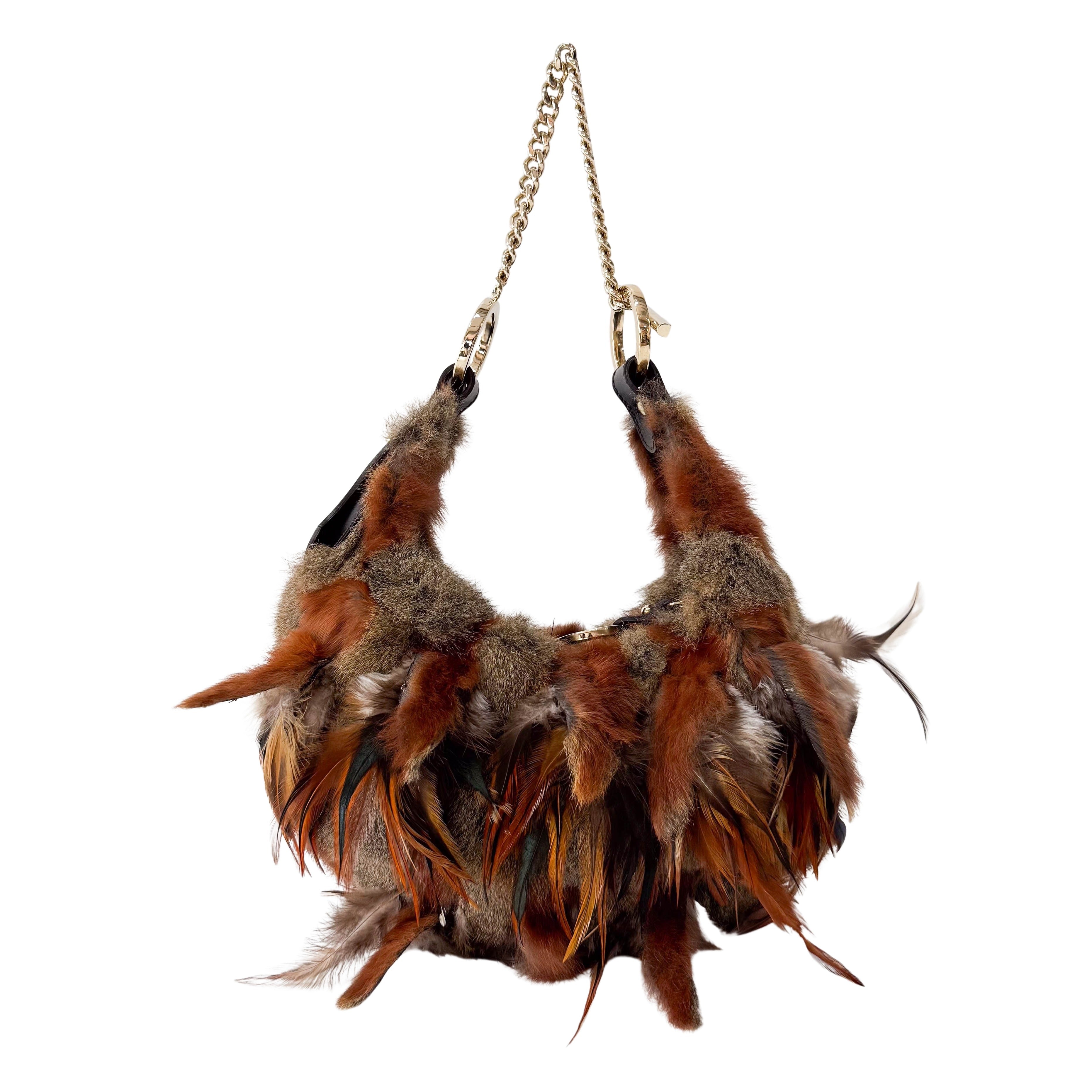 Feather/Fur Hobo Brown Gold Chain Bag