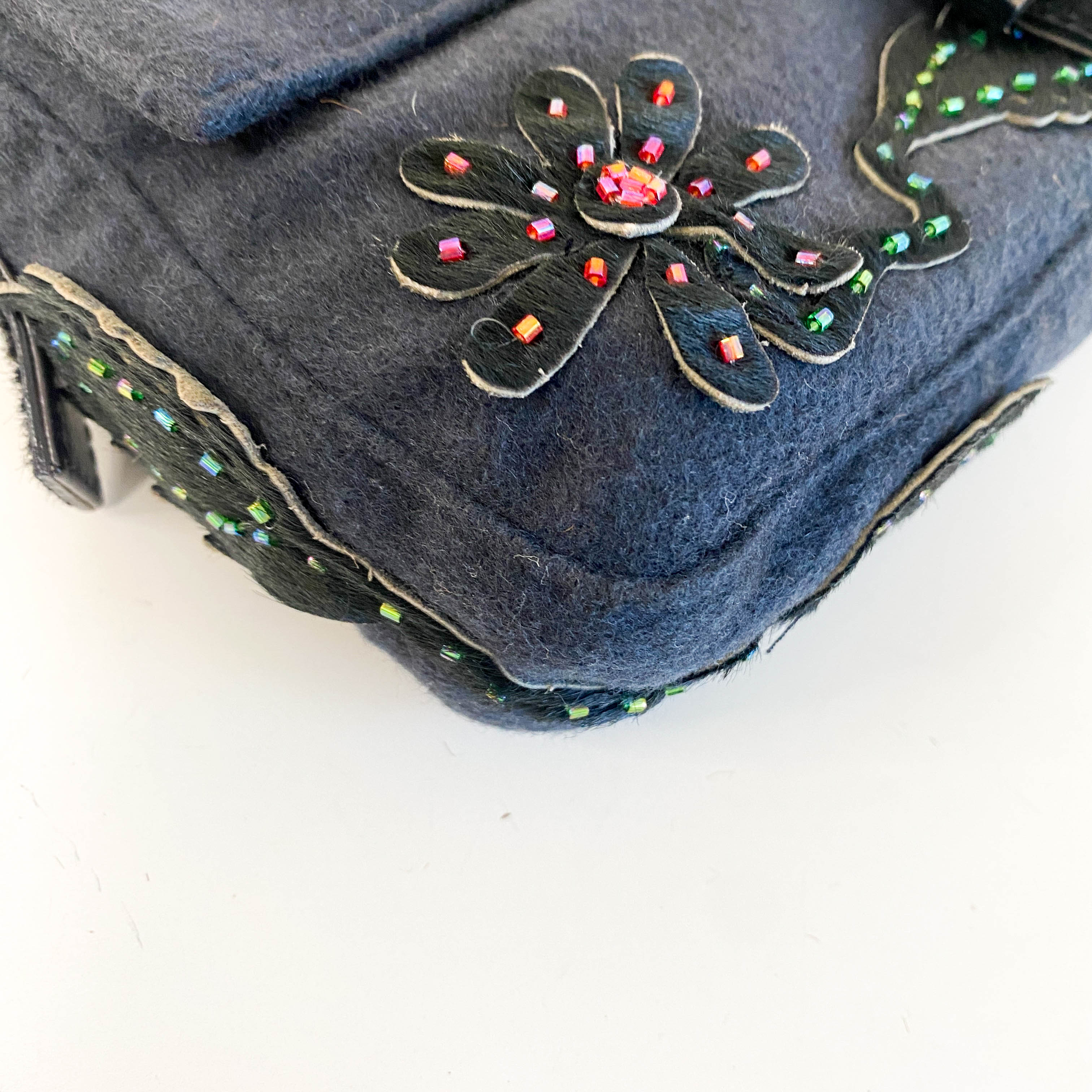 Baguette Black Cashmere and Pony Hair with Multi Colour Beaded Shoulder Bag