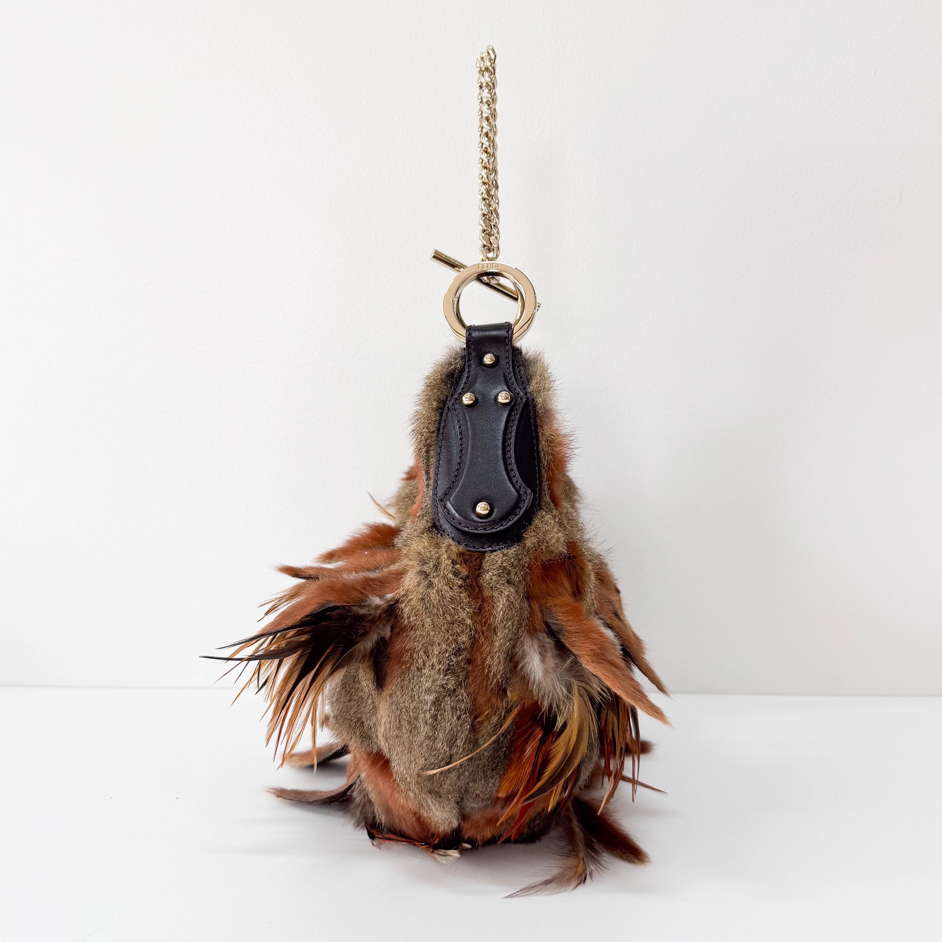 Feather/Fur Hobo Brown Gold Chain Bag