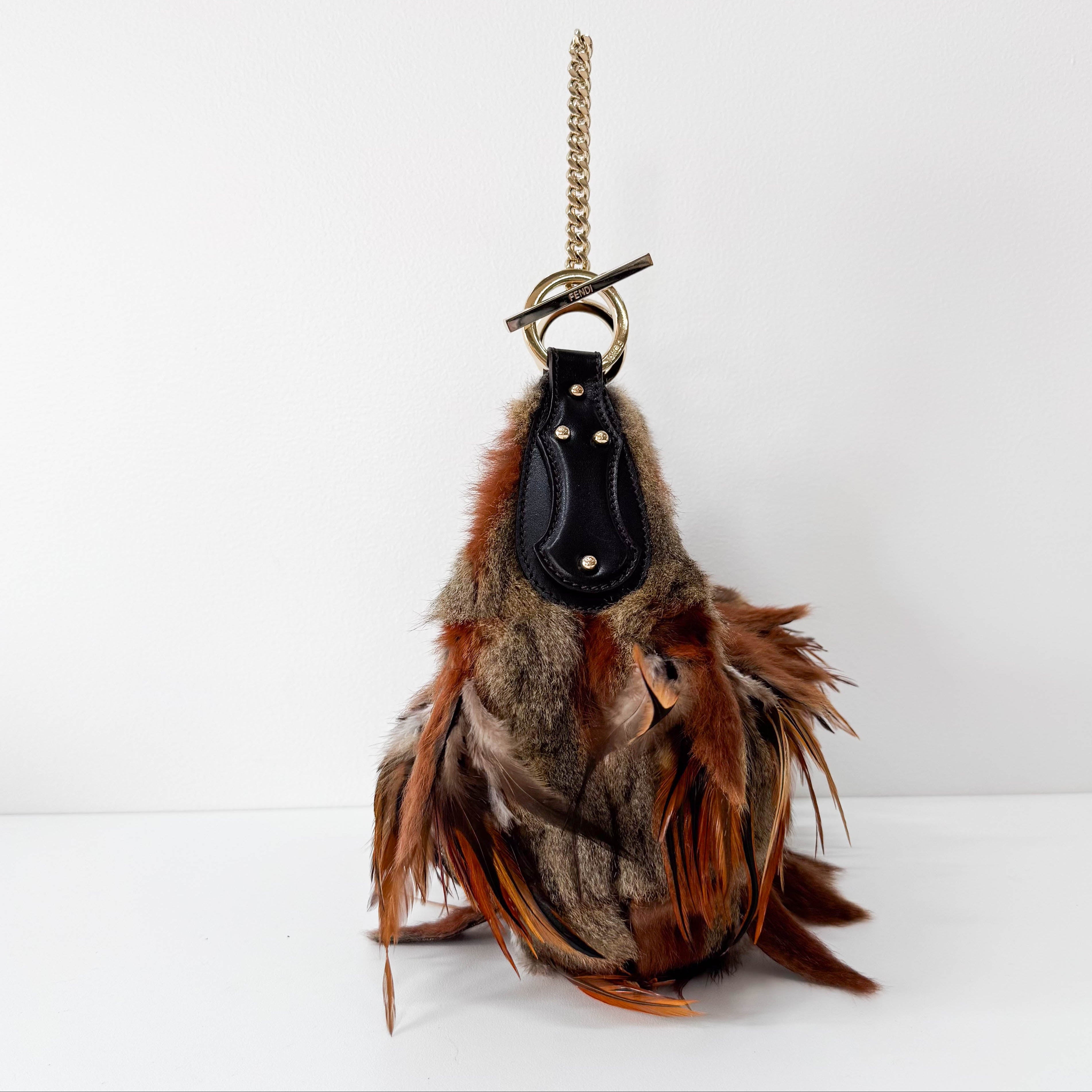 Feather/Fur Hobo Brown Gold Chain Bag