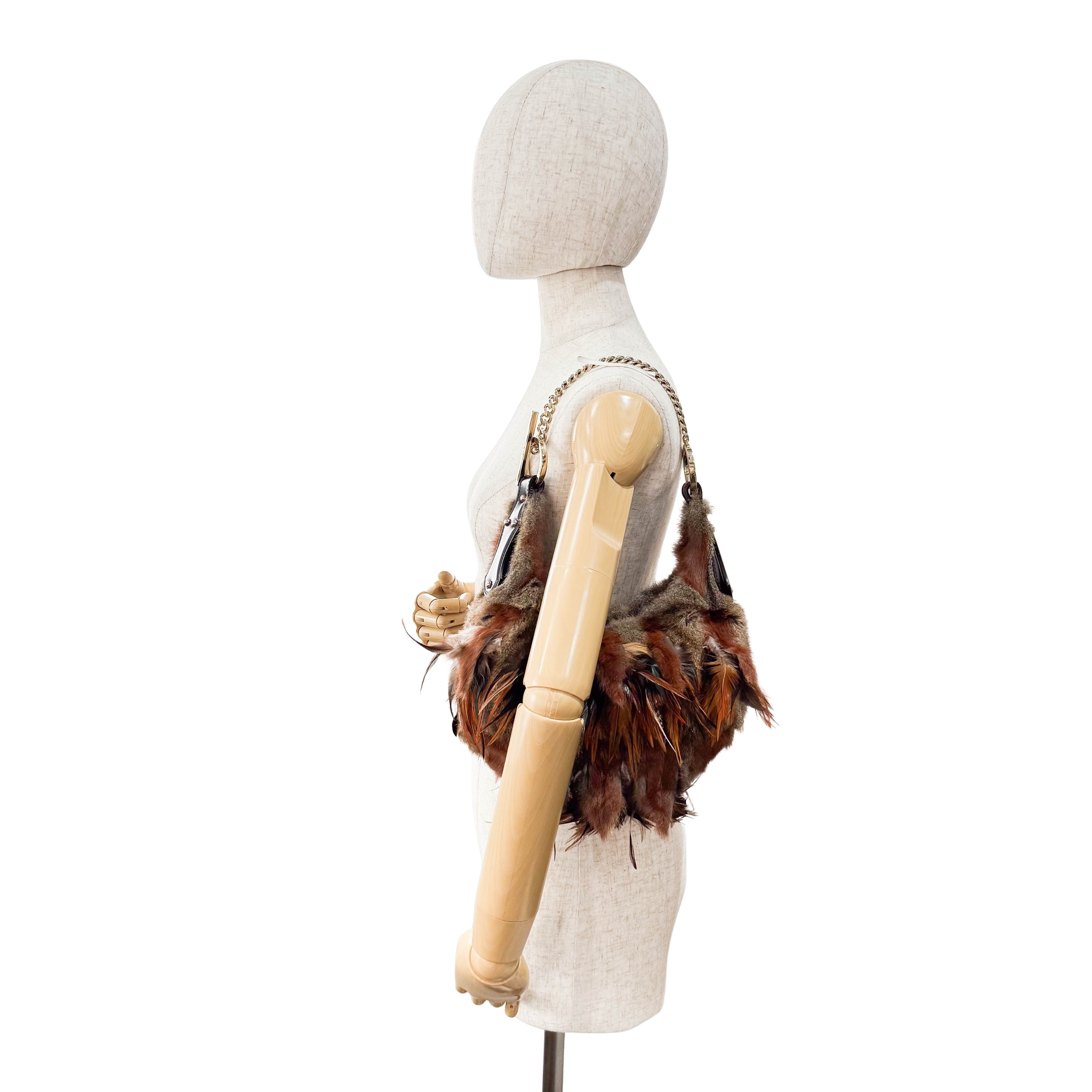 Feather/Fur Hobo Brown Gold Chain Bag