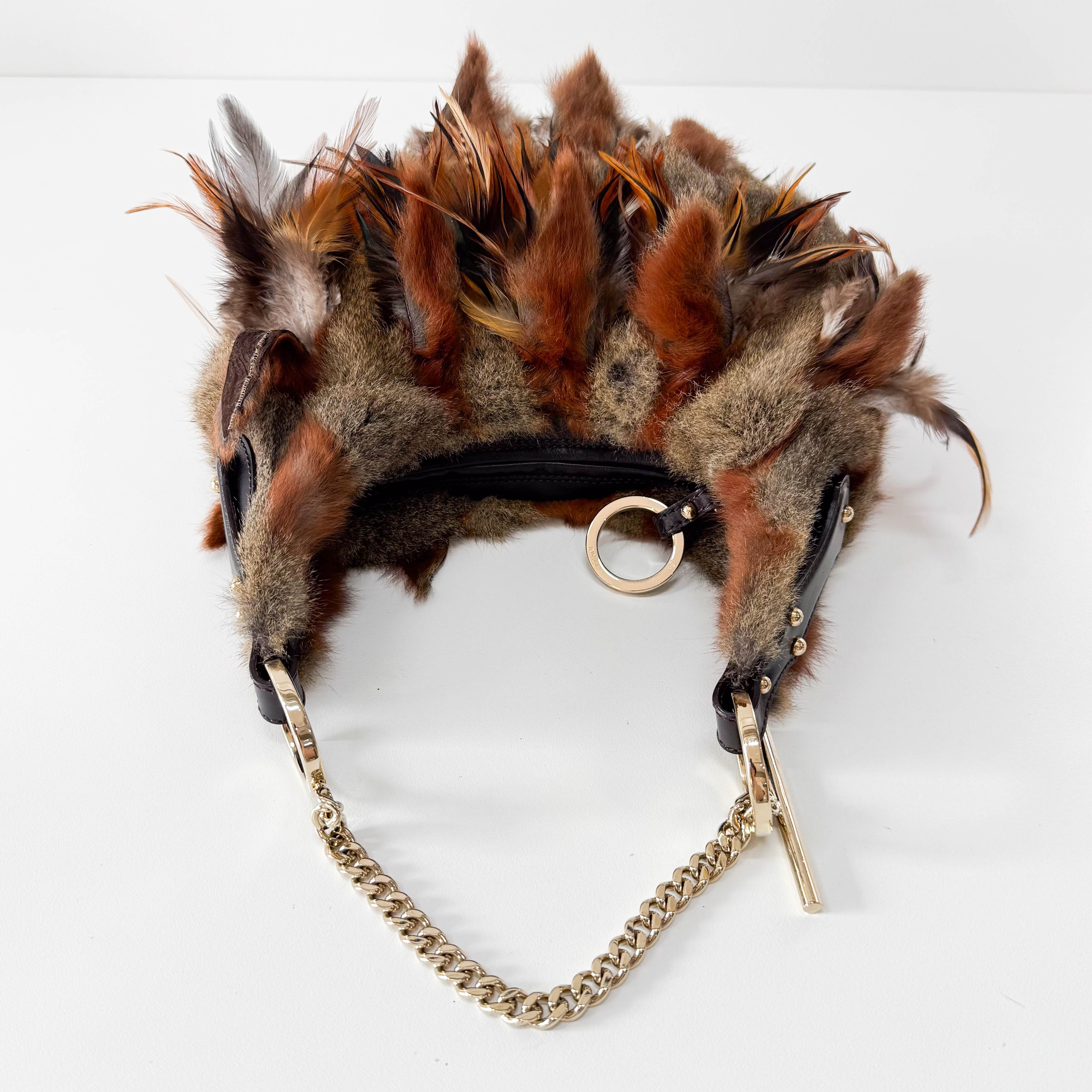 Feather/Fur Hobo Brown Gold Chain Bag